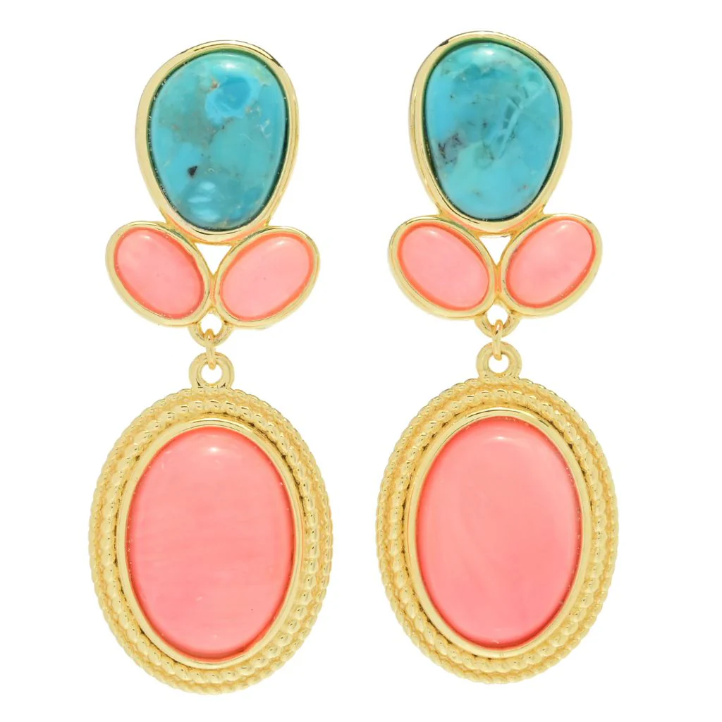Elemental Gems 14x10mm Salmon Coral & Blue Mohave Turquoise Drop Earrings - Image 3