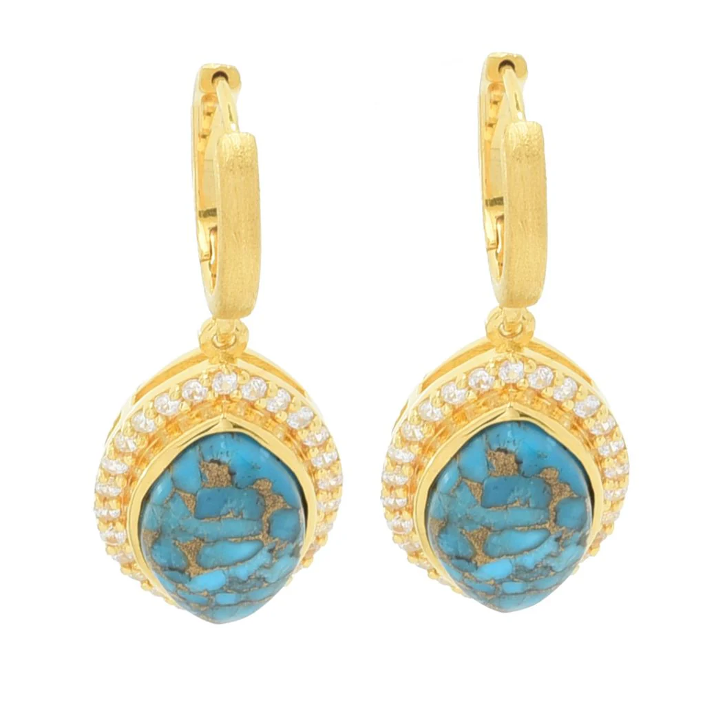 Elemental Gems 14x9mm Blue Copper Turquoise & Zircon Drop Earrings - Image 3