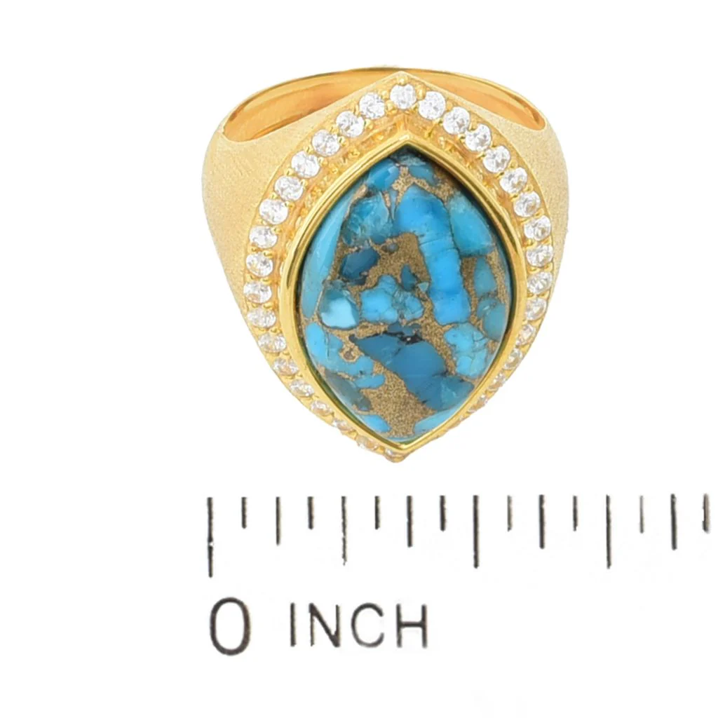 Elemental Gems 18K Gold Plated 18x11mm Blue Copper Turquoise & Zircon Halo Ring - Image 2