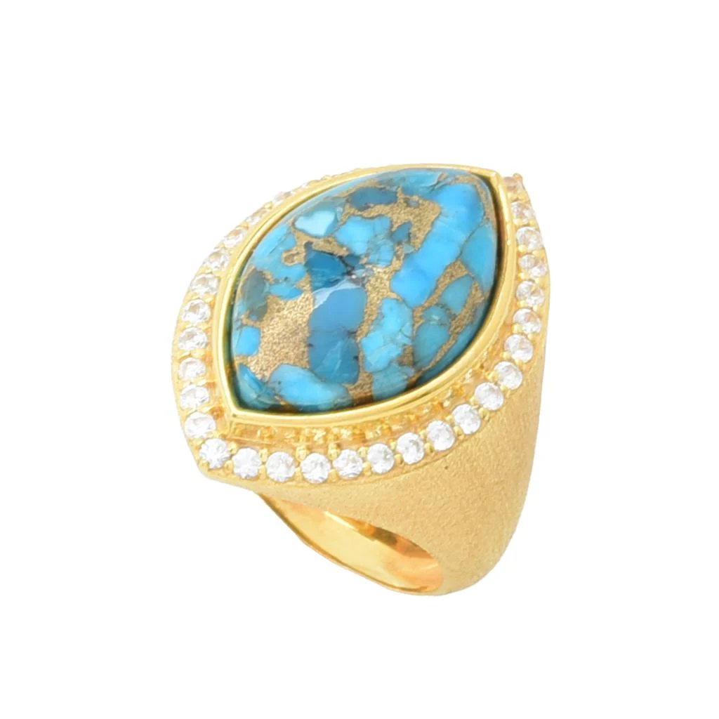 Elemental Gems 18K Gold Plated 18x11mm Blue Copper Turquoise & Zircon Halo Ring - Image 5