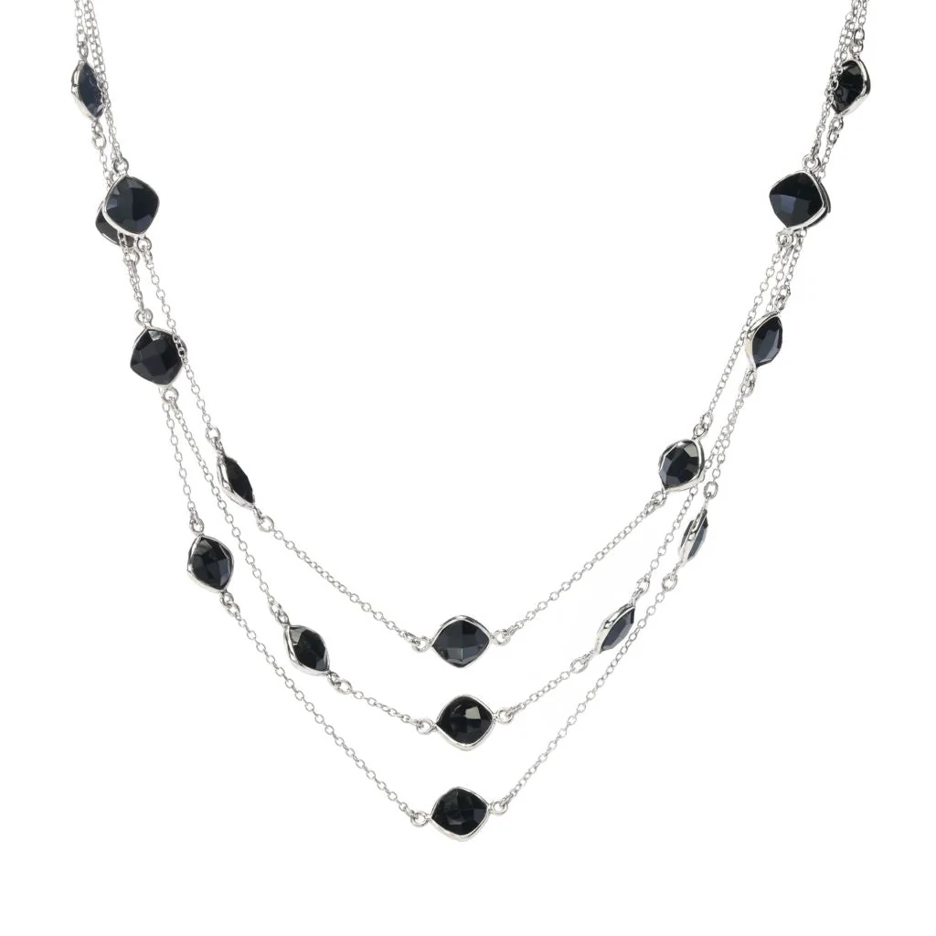 Elemental Gems 7mm Black Onyx Station 3-Row Layered Necklace - Image 3