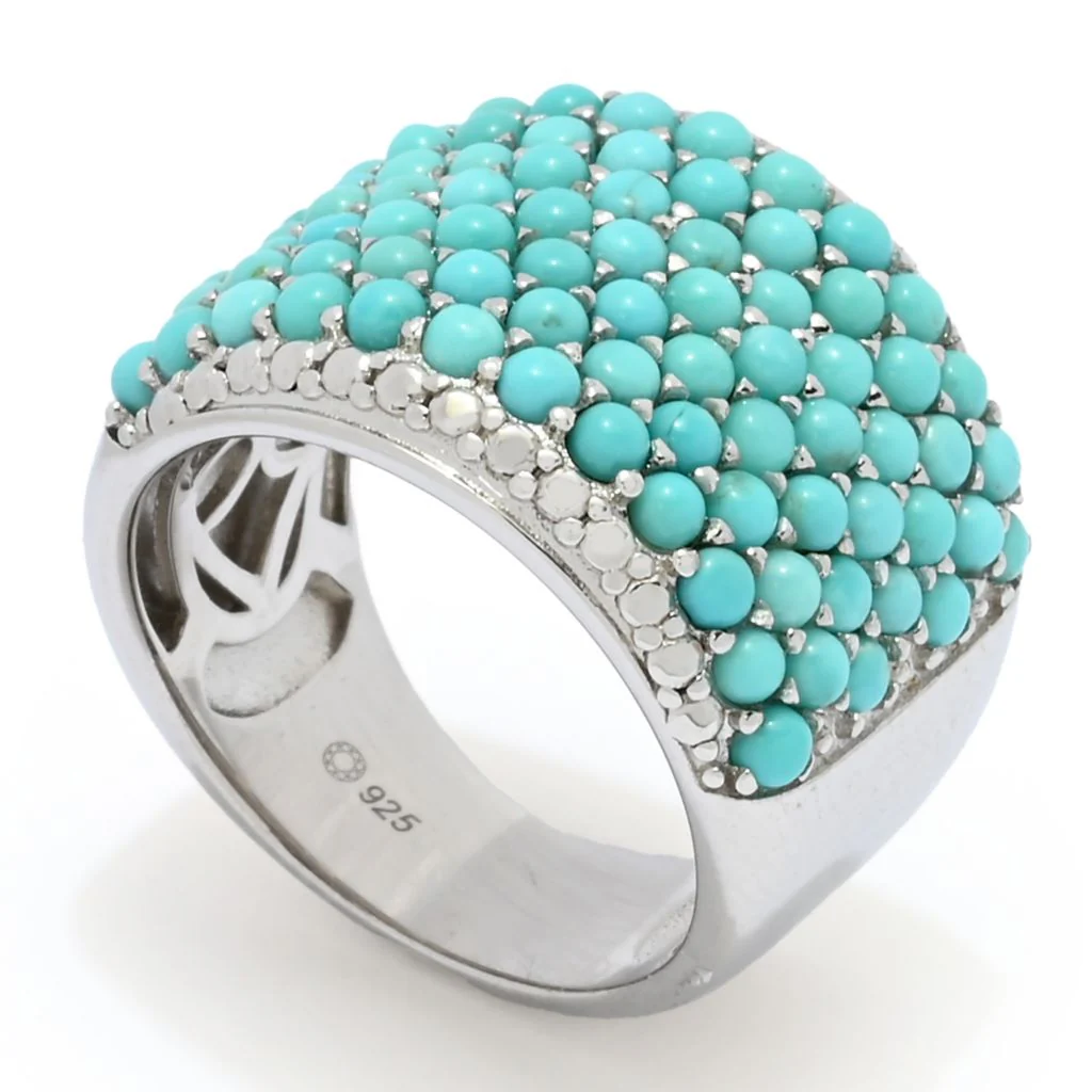 Elemental Gems Platinum Plated 2mm Campitos Turquoise Pave Wide Band Ring - Image 2
