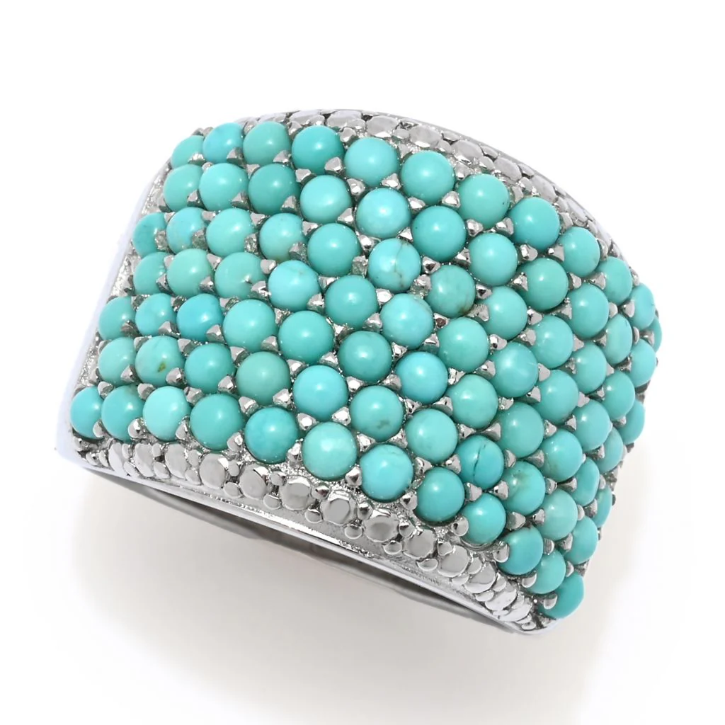 Elemental Gems Platinum Plated 2mm Campitos Turquoise Pave Wide Band Ring - Image 3