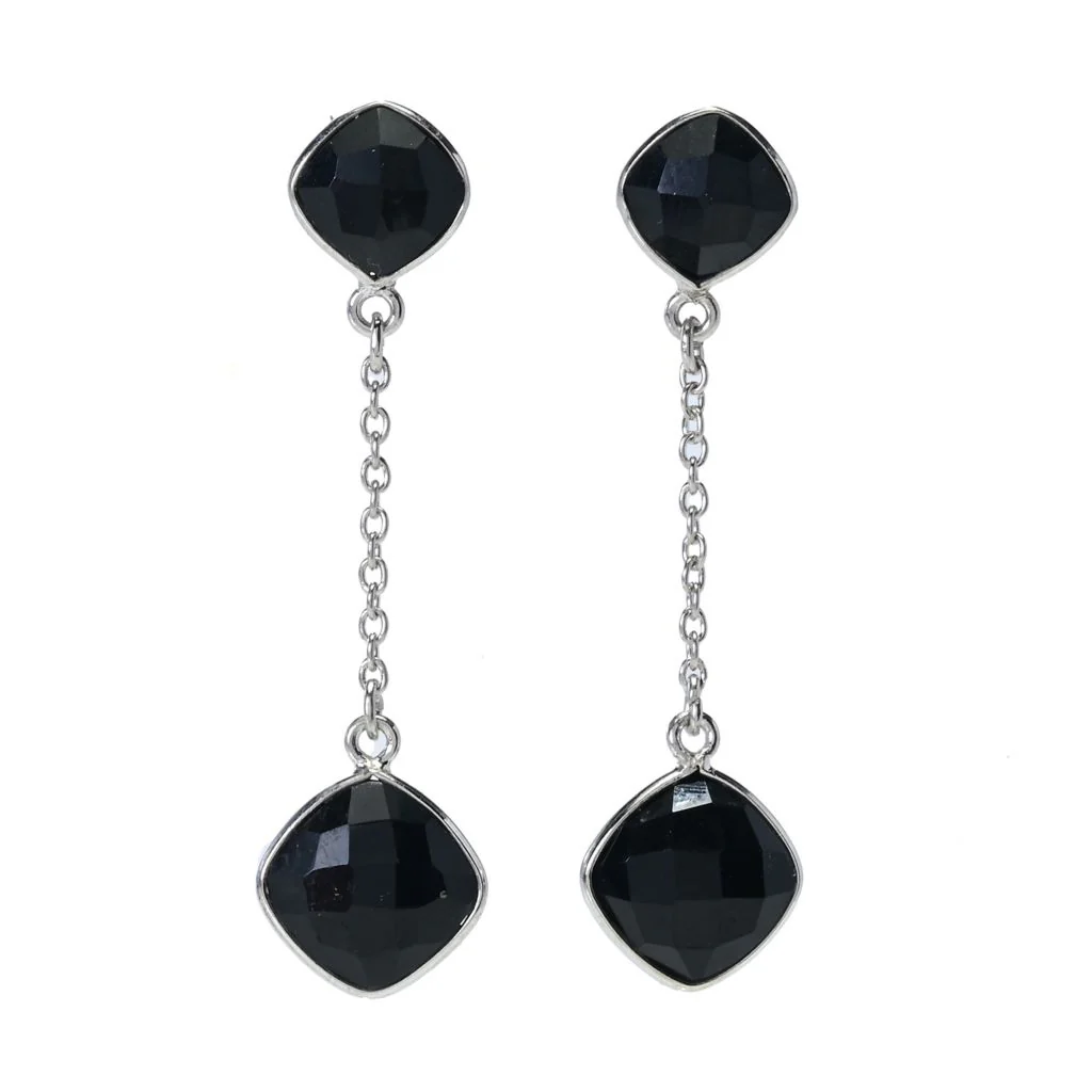 Elemental Gems Platinum Plated Cushion Shape Black Onyx Dangle Earrings - Image 3