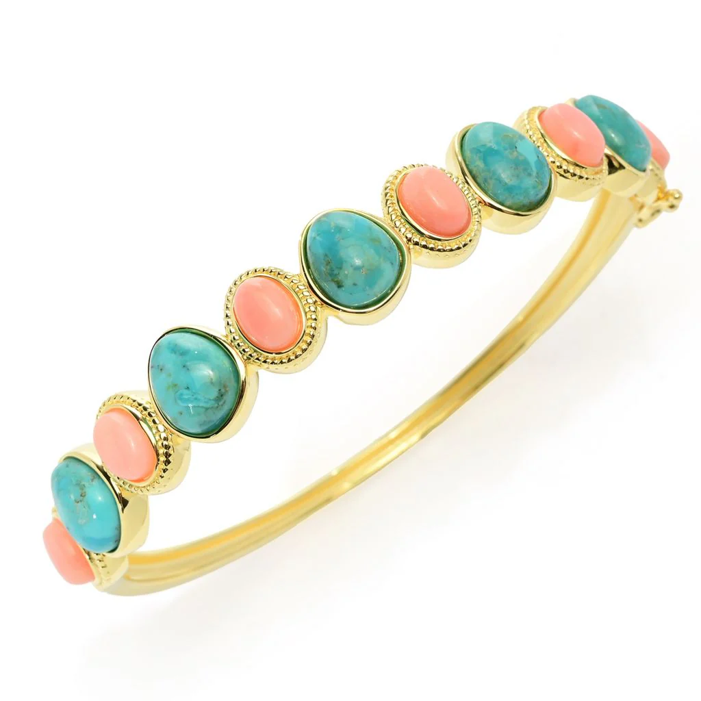 Elemental Gems Salmon Coral & Blue Mohave Turquoise Hinged Bangle Bracelet - Image 2