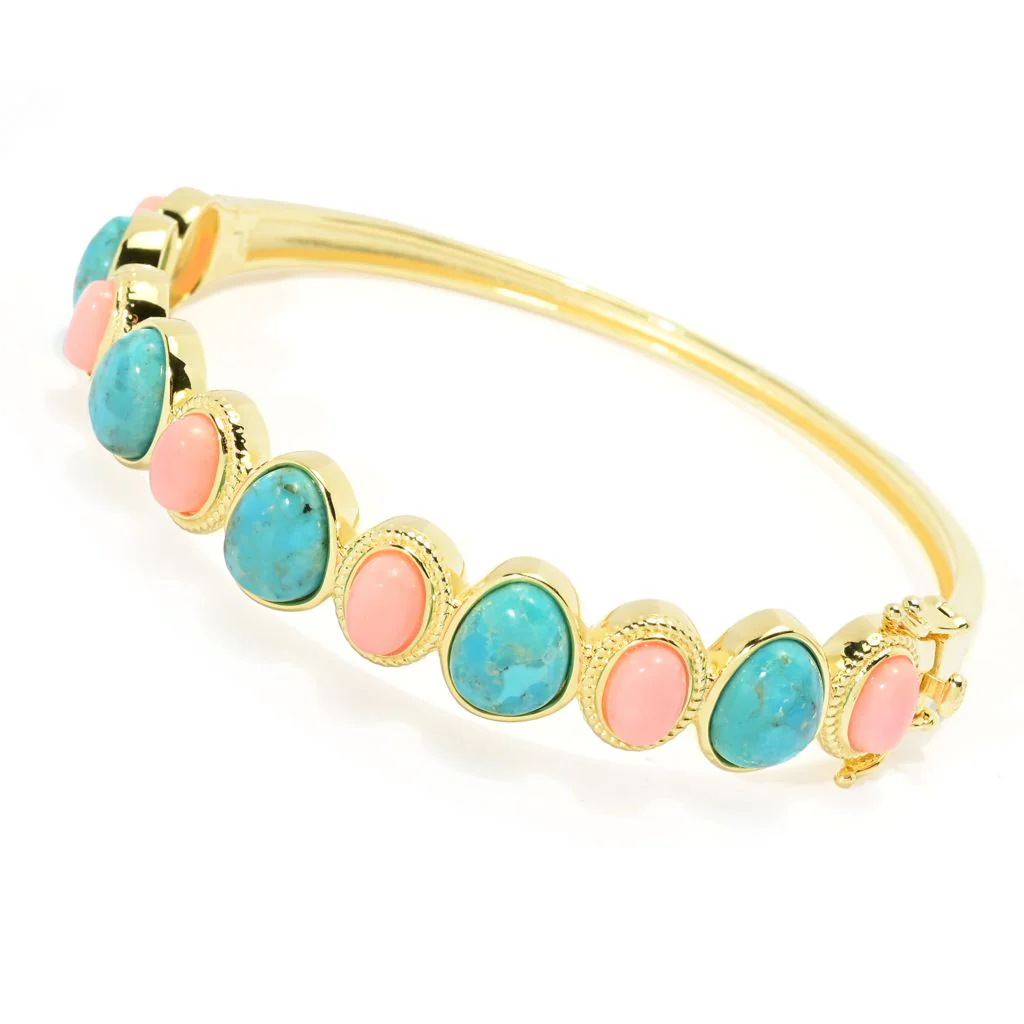 Elemental Gems Salmon Coral & Blue Mohave Turquoise Hinged Bangle Bracelet - Image 3