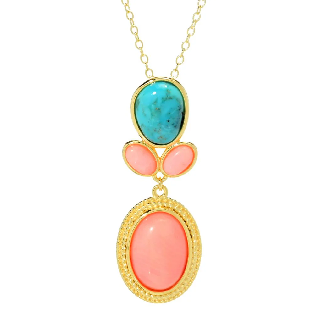 Elemental Gems Salmon Coral & Blue Mohave Turquoise Pendant w/ Chain - Image 3