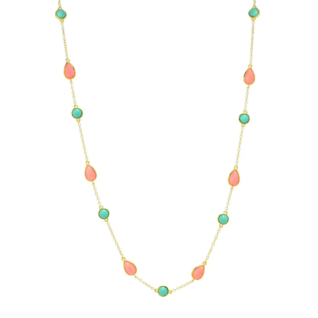 Elemental Gems Salmon Coral & Campitos Turquoise 20"+2" Station Necklace - Image 3