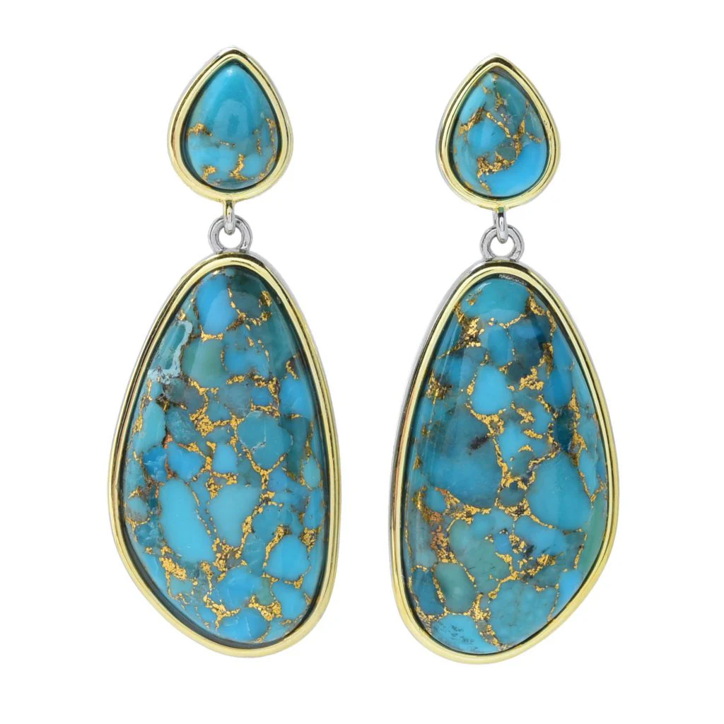 Elemental Gems Two-tone 24x13mm Blue Copper Turquoise Drop Earrings - Image 3