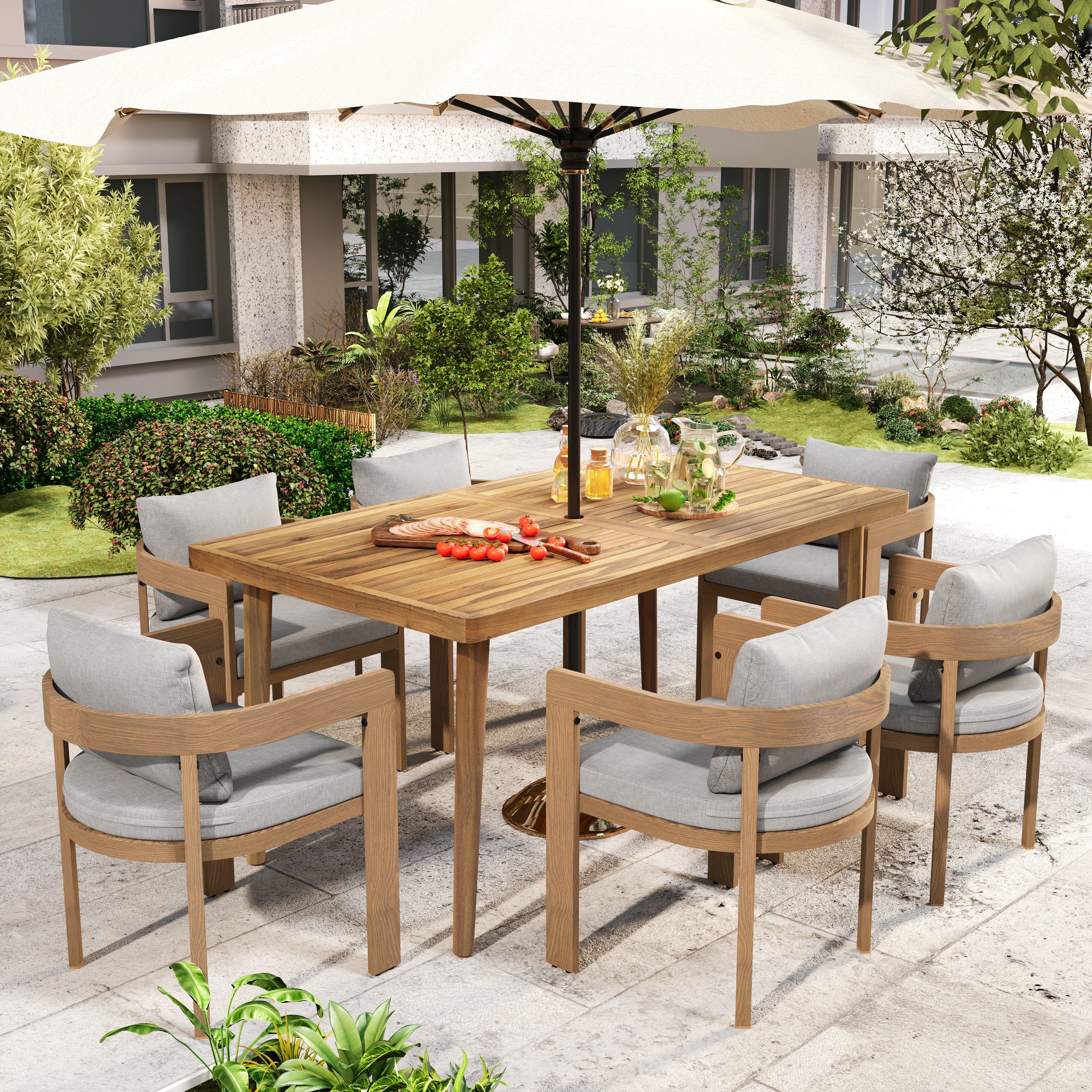 Elko Janiyah Outdoor Patio 7PCS Dining Set with Teak Finished Aluminum Chairs and Acacia Wood Table - Image 2
