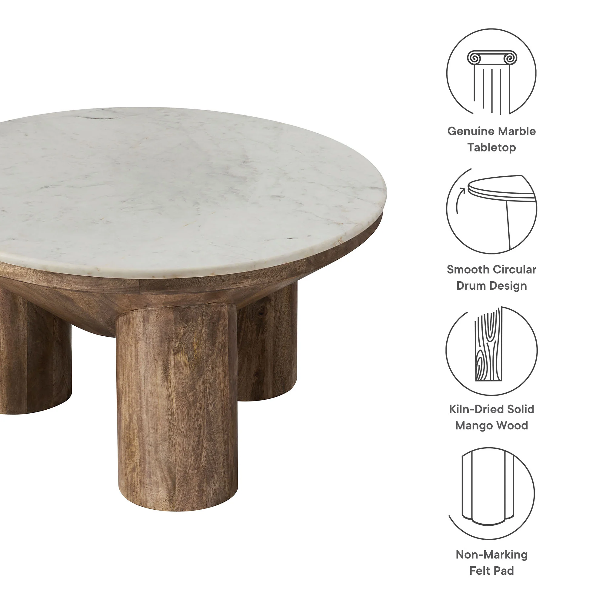 Ellison 33" Round Wood Coffee Table With Marble Top - Image 2