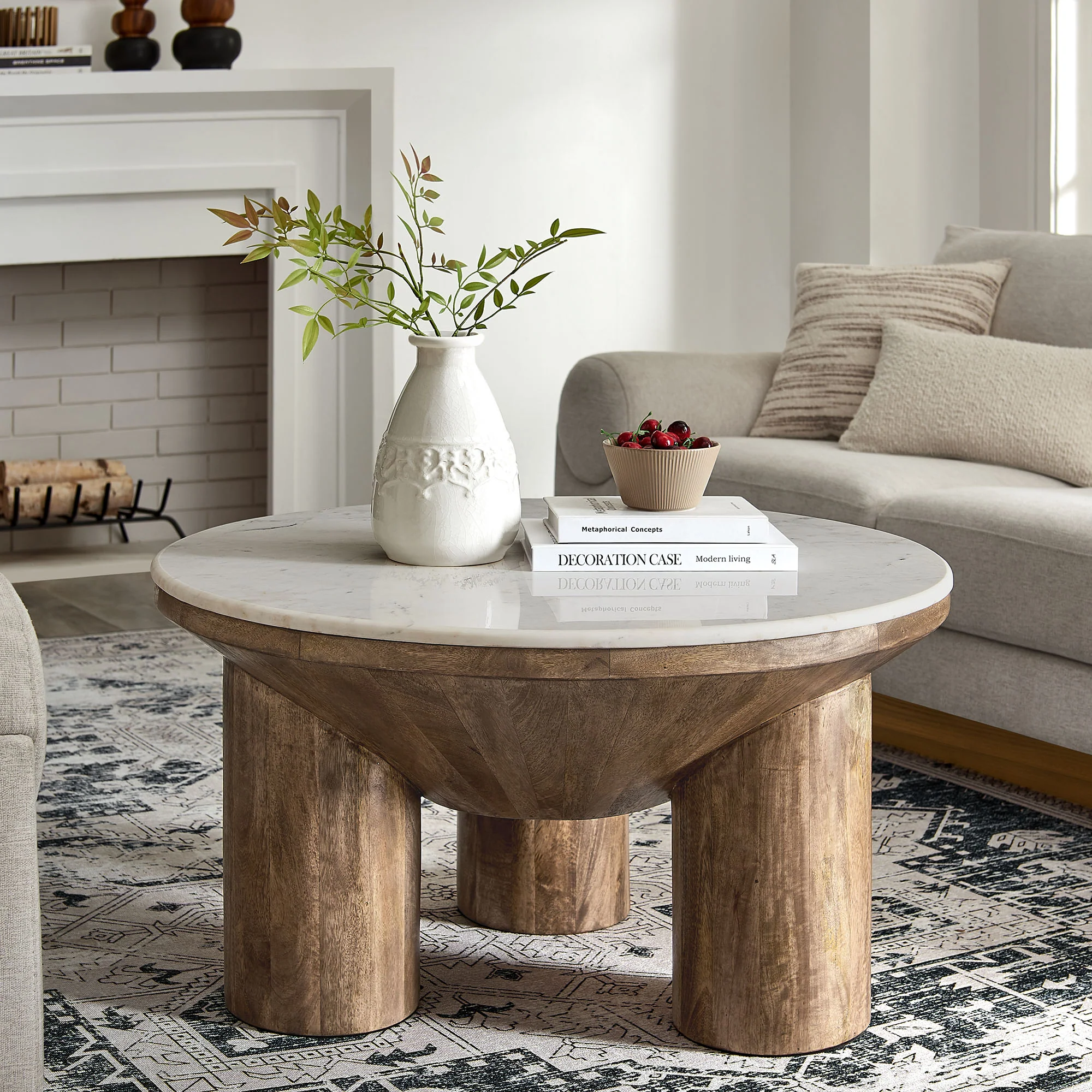 Ellison 33" Round Wood Coffee Table With Marble Top - Image 7