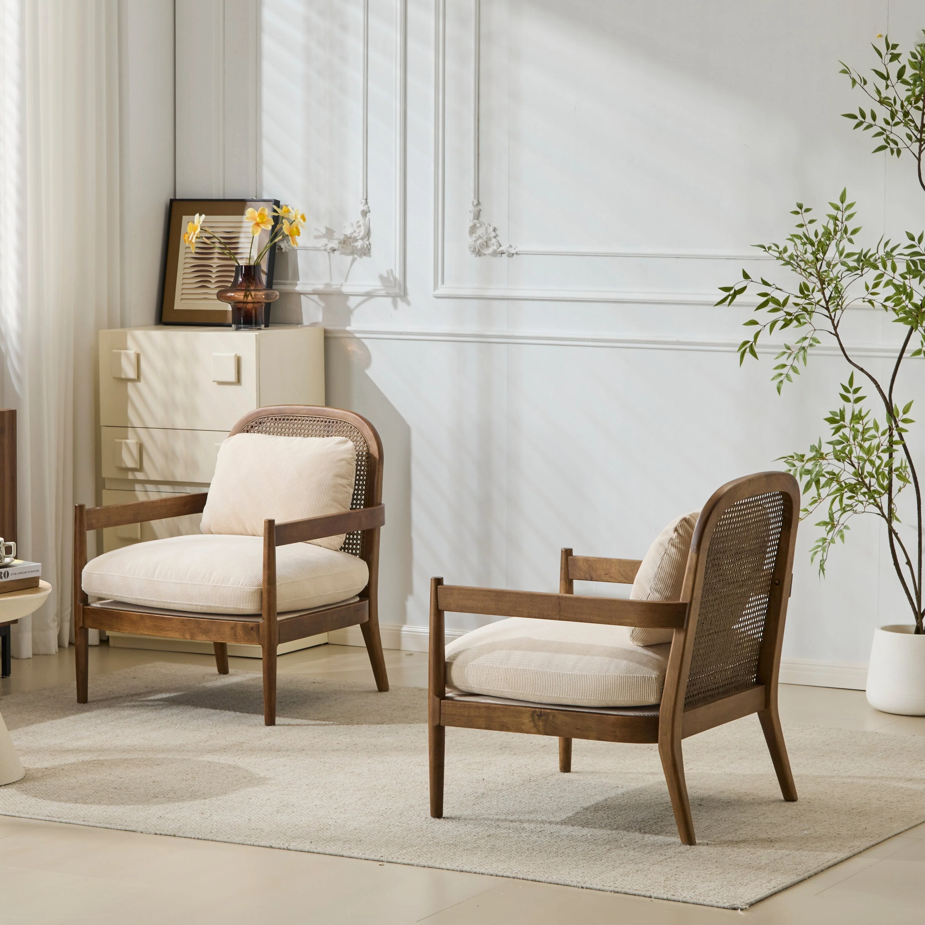 Elliston Rattan Backrest Solid Wood Accent Chair with Cushions - Set of 2 - Image 14