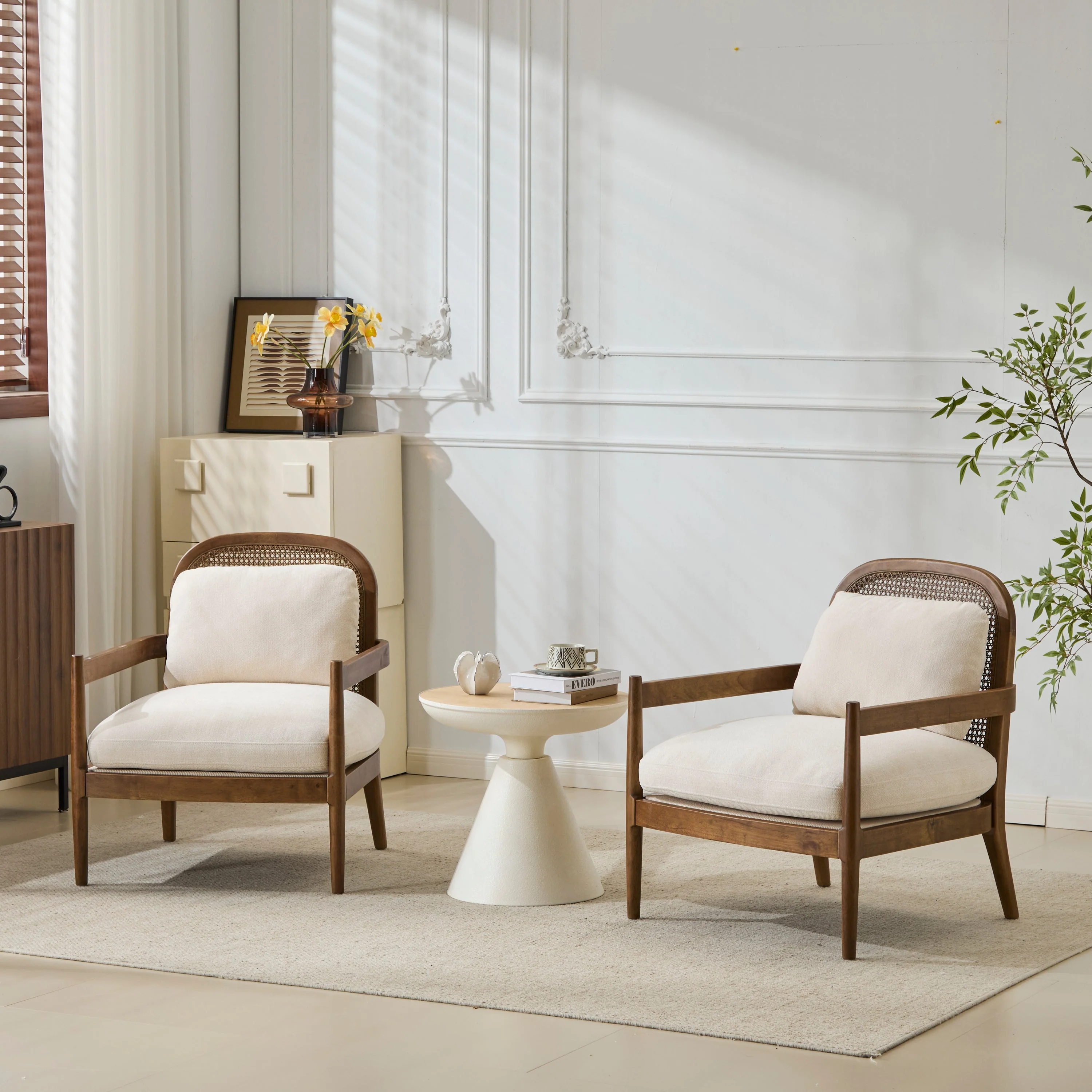 Elliston Rattan Backrest Solid Wood Accent Chair with Cushions - Set of 2 - Image 2