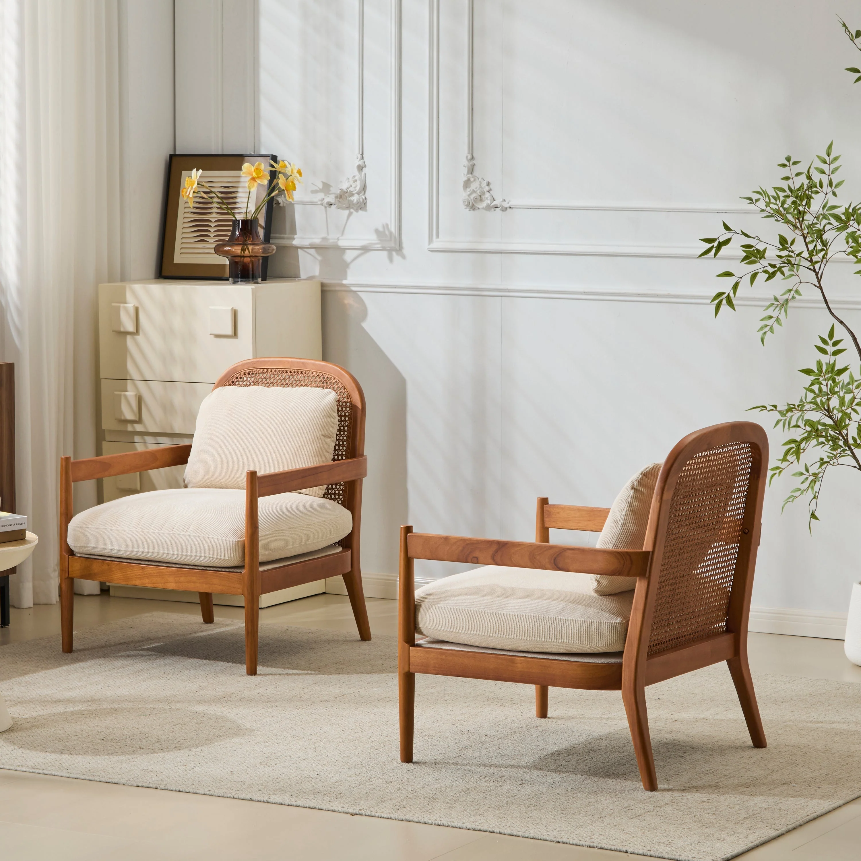 Elliston Rattan Backrest Solid Wood Accent Chair with Cushions - Set of 2 - Image 30