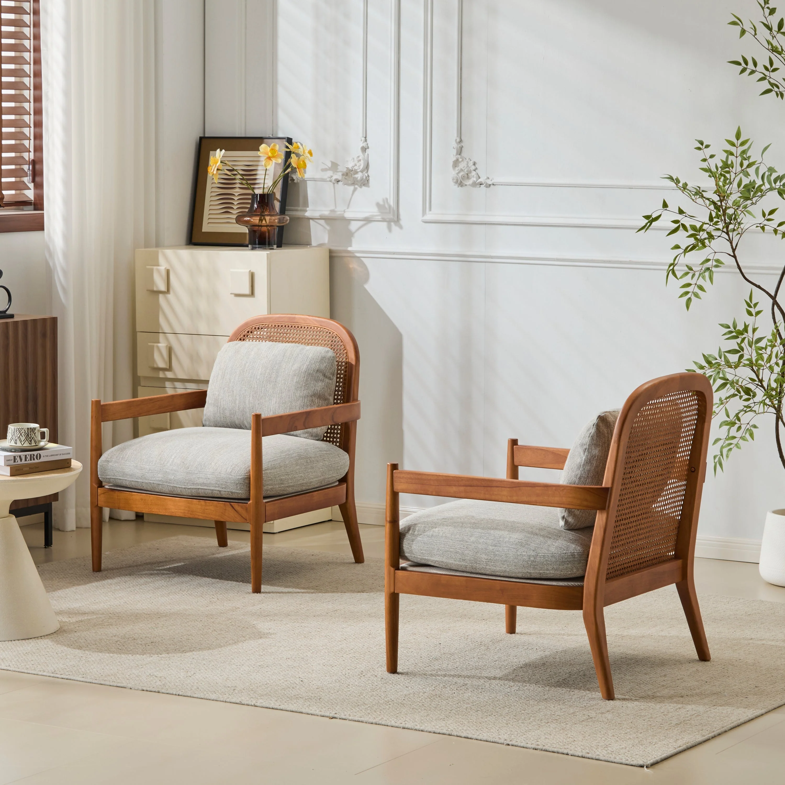 Elliston Rattan Backrest Solid Wood Accent Chair with Cushions - Set of 2 - Image 47