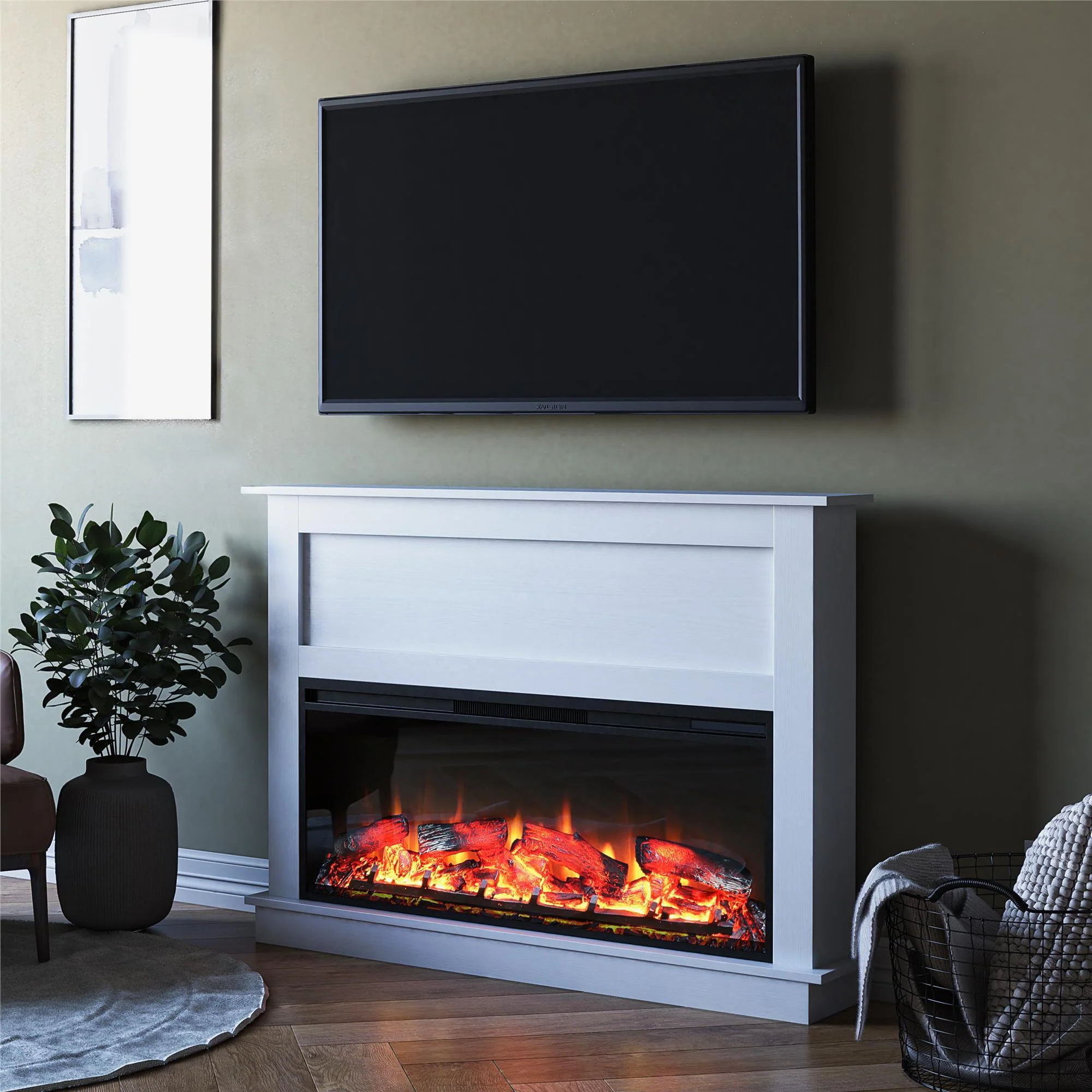 Ellsworth - Wide Electric Fireplace Insert With Mantel And Remote Control - White - Image 2