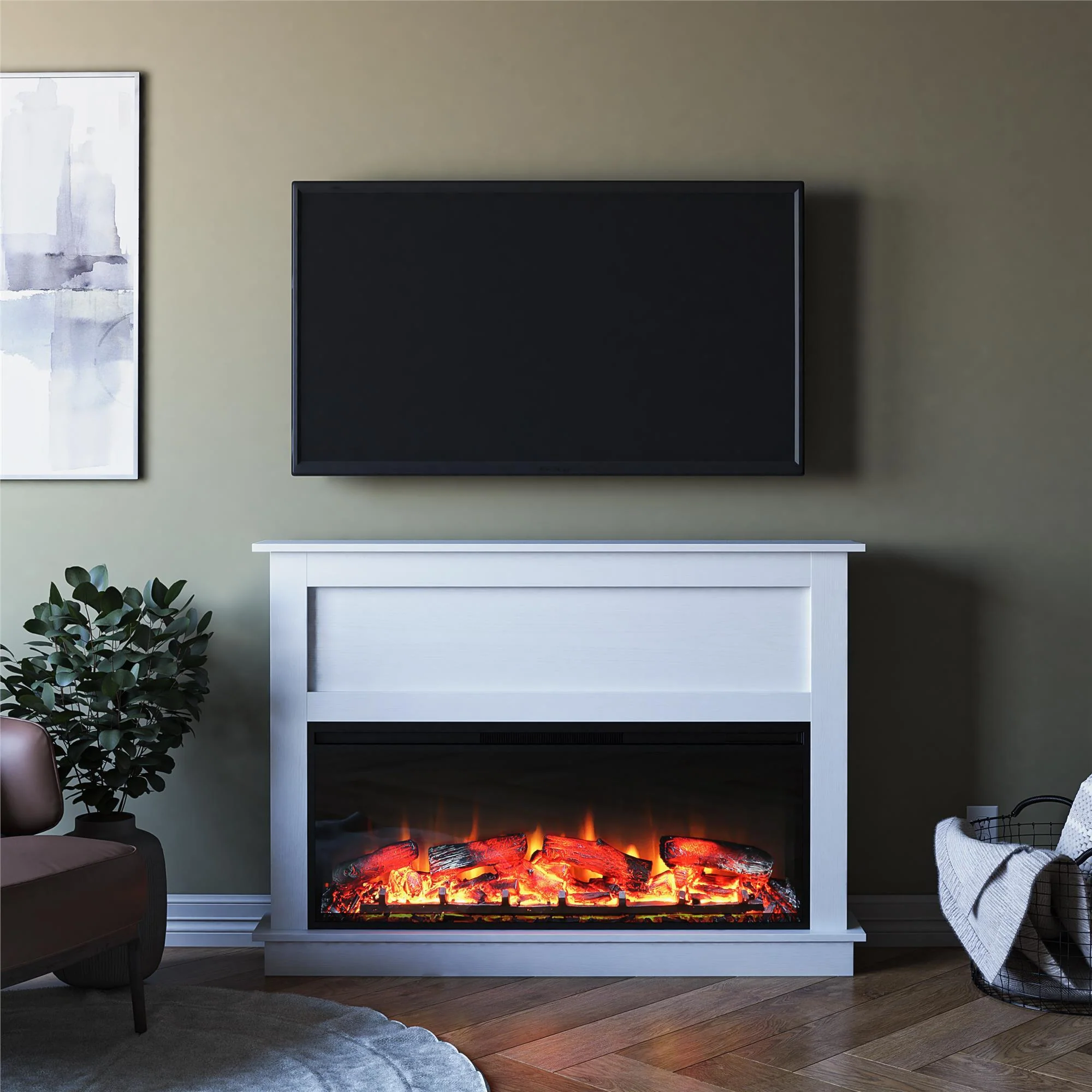 Ellsworth - Wide Electric Fireplace Insert With Mantel And Remote Control - White - Image 3