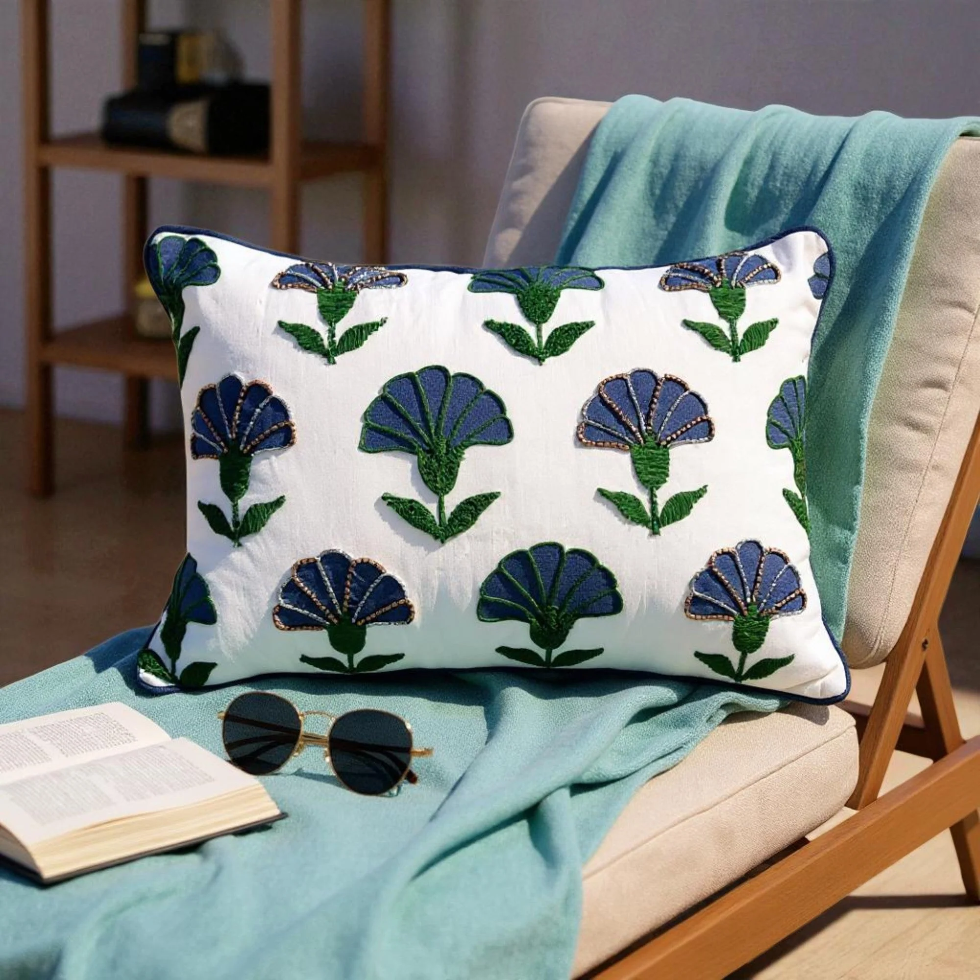 Embroidered Floral Blue Boho Accent Throw Pillow - Image 3