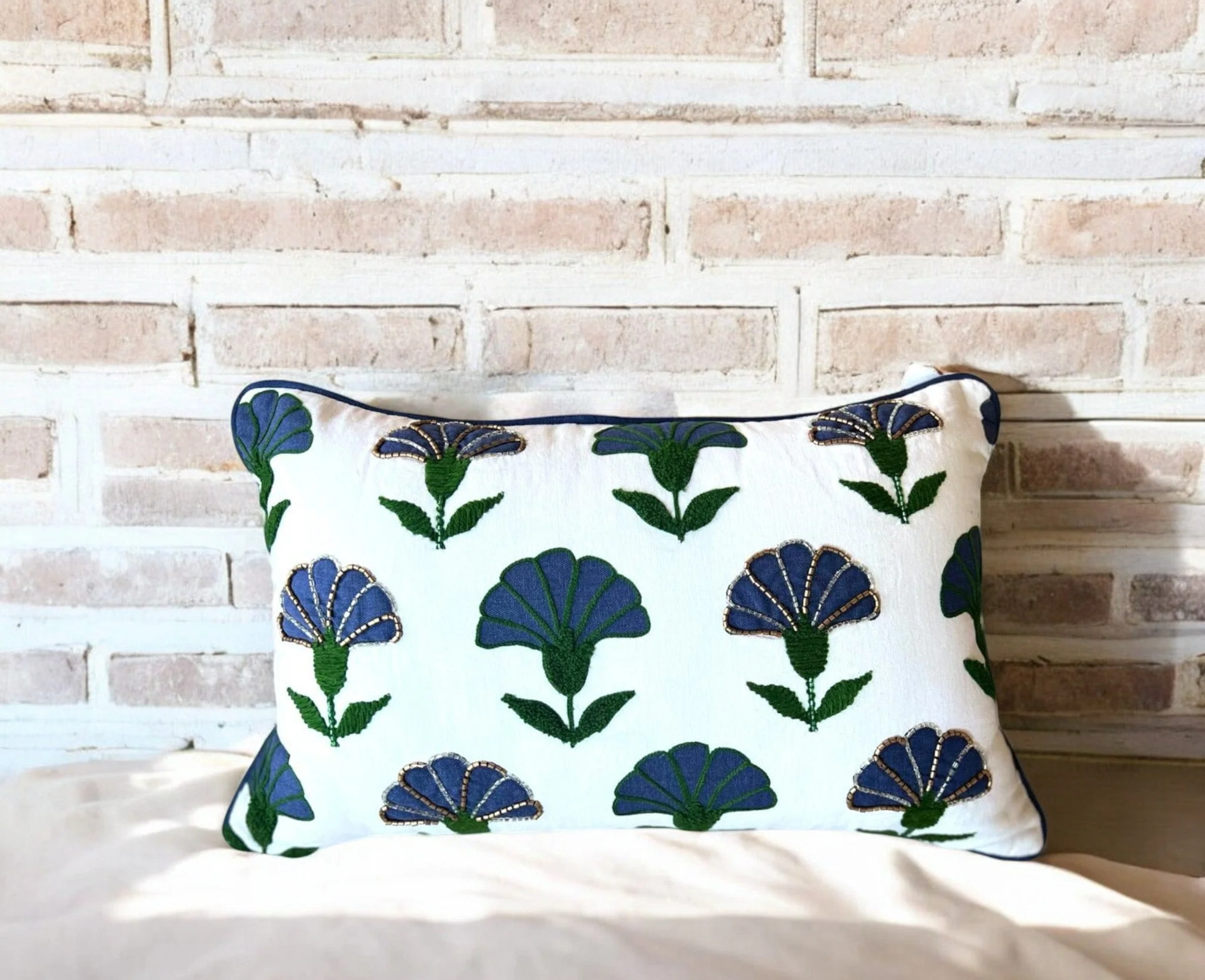 Embroidered Floral Blue Boho Accent Throw Pillow - Image 4