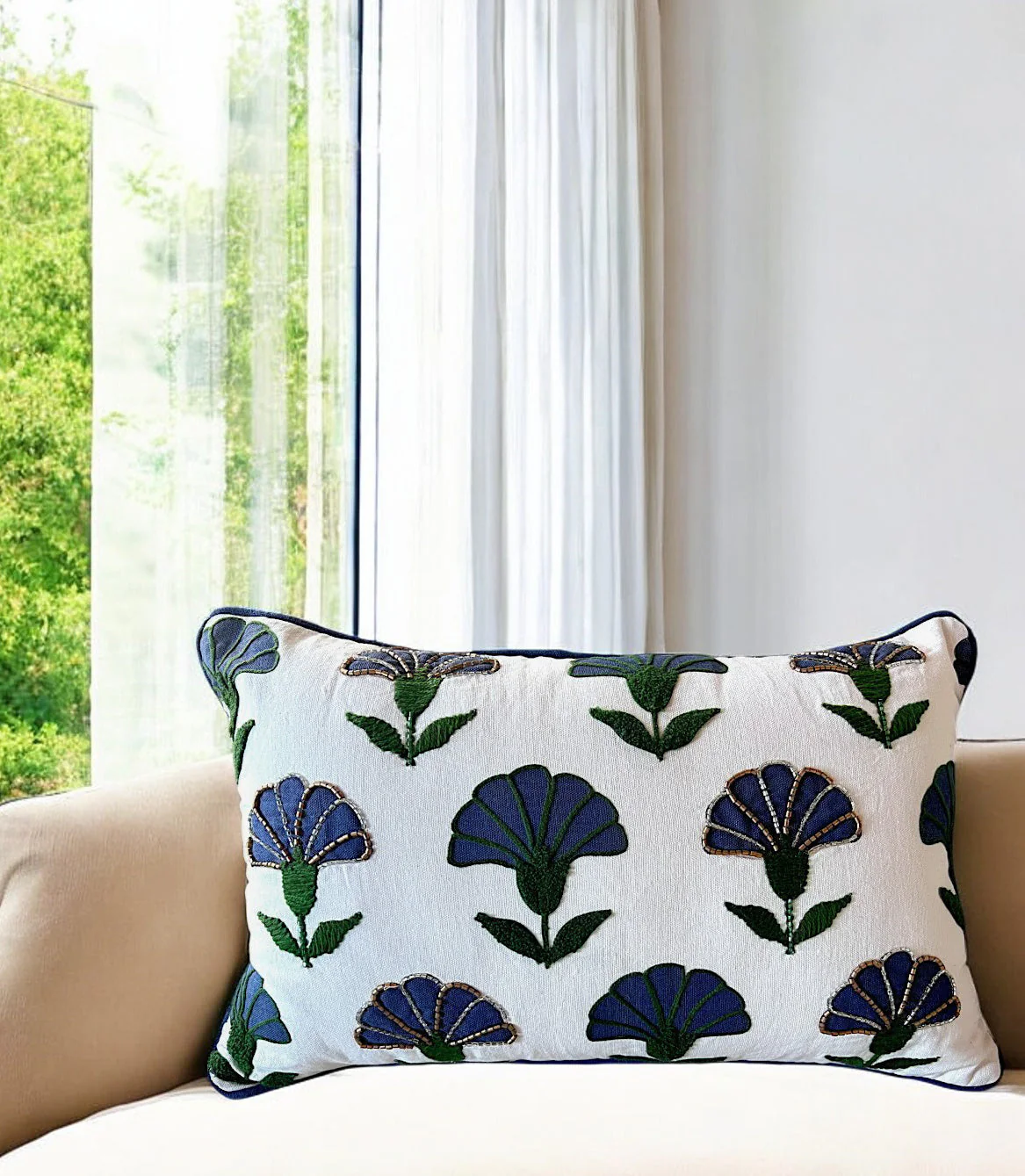 Embroidered Floral Blue Boho Accent Throw Pillow - Image 5