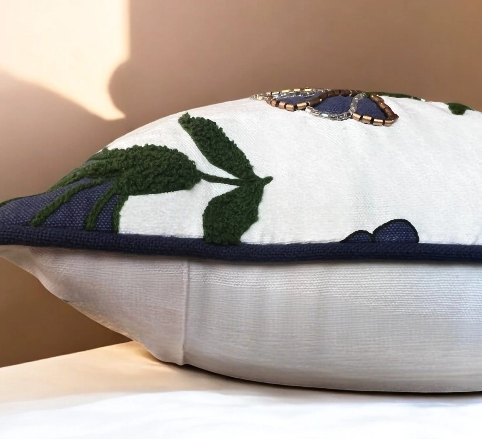 Embroidered Floral Blue Boho Accent Throw Pillow - Image 7