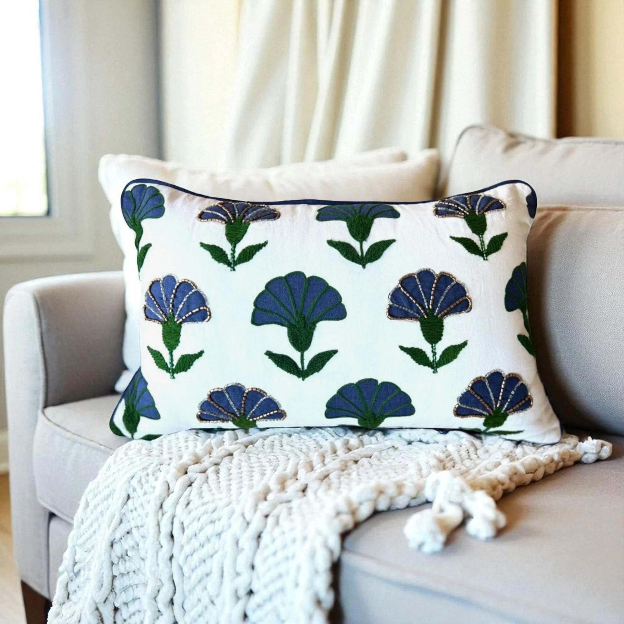 Embroidered Floral Blue Boho Accent Throw Pillow - Image 9