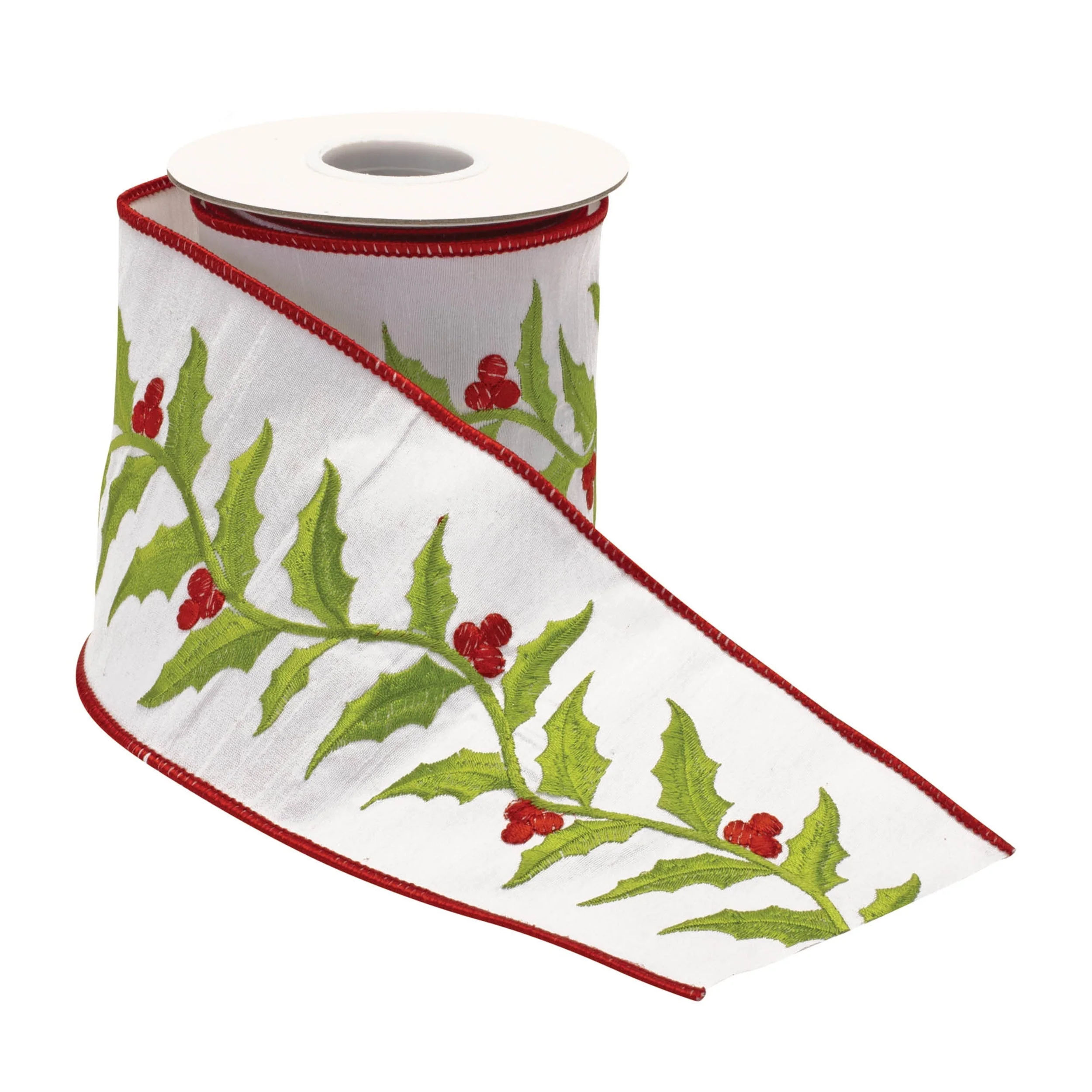 Embroidered holly leaf wired ribbon 4" x 5 yds. - Image 2