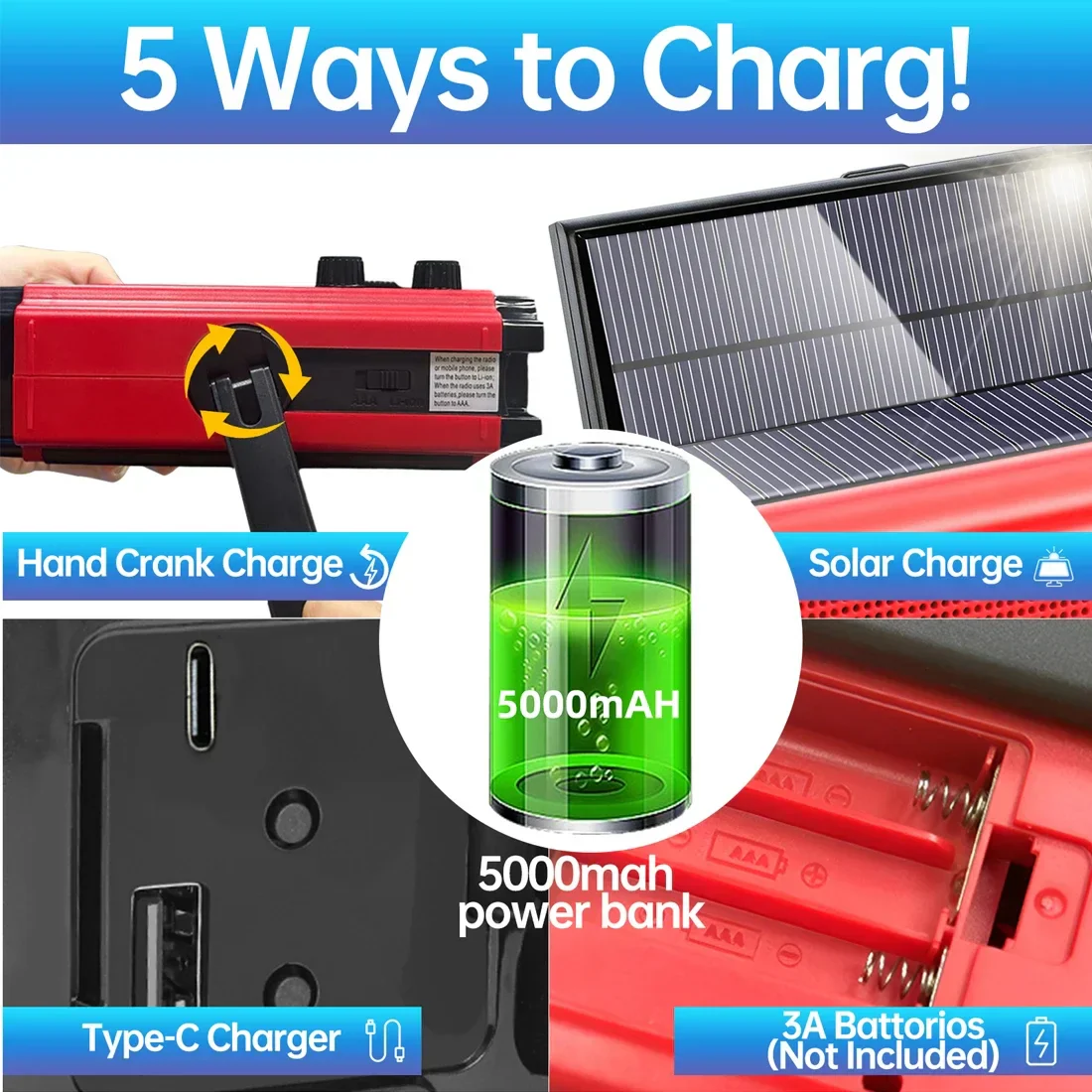 Emergency Hand Crank Solar Radio NOAA Weather AM FM Power Bank LED SOS - Image 5
