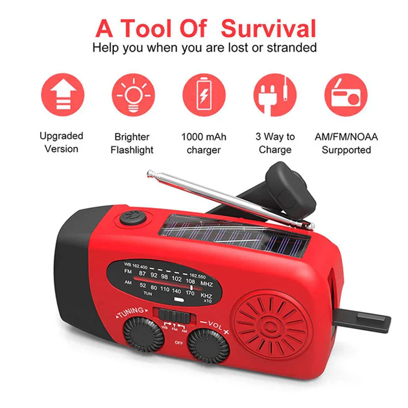 Emergency NOAA Weather Radio AM FM Solar Hand Crank Power Bank LED Flashlight - Image 2