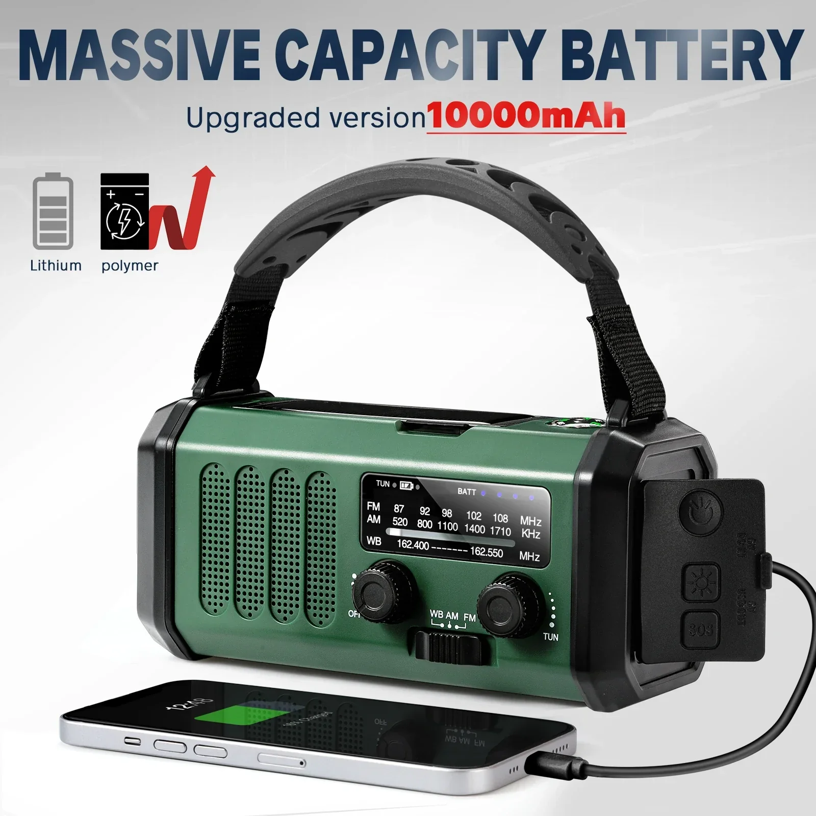 Emergency NOAA Weather Radio Solar Hand Crank 10000mAh Power Bank SOS - Image 2