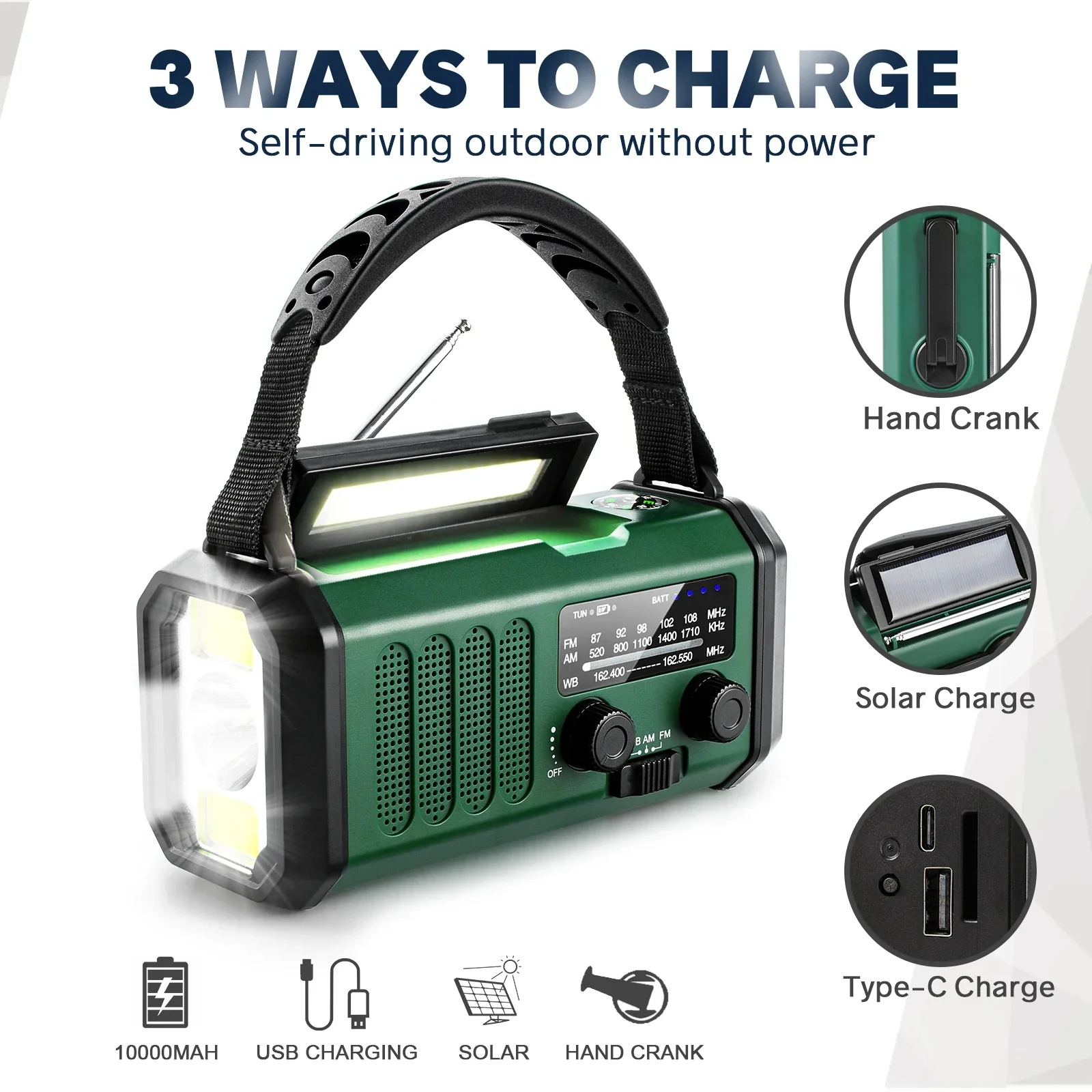 Emergency NOAA Weather Radio Solar Hand Crank 10000mAh Power Bank SOS - Image 3