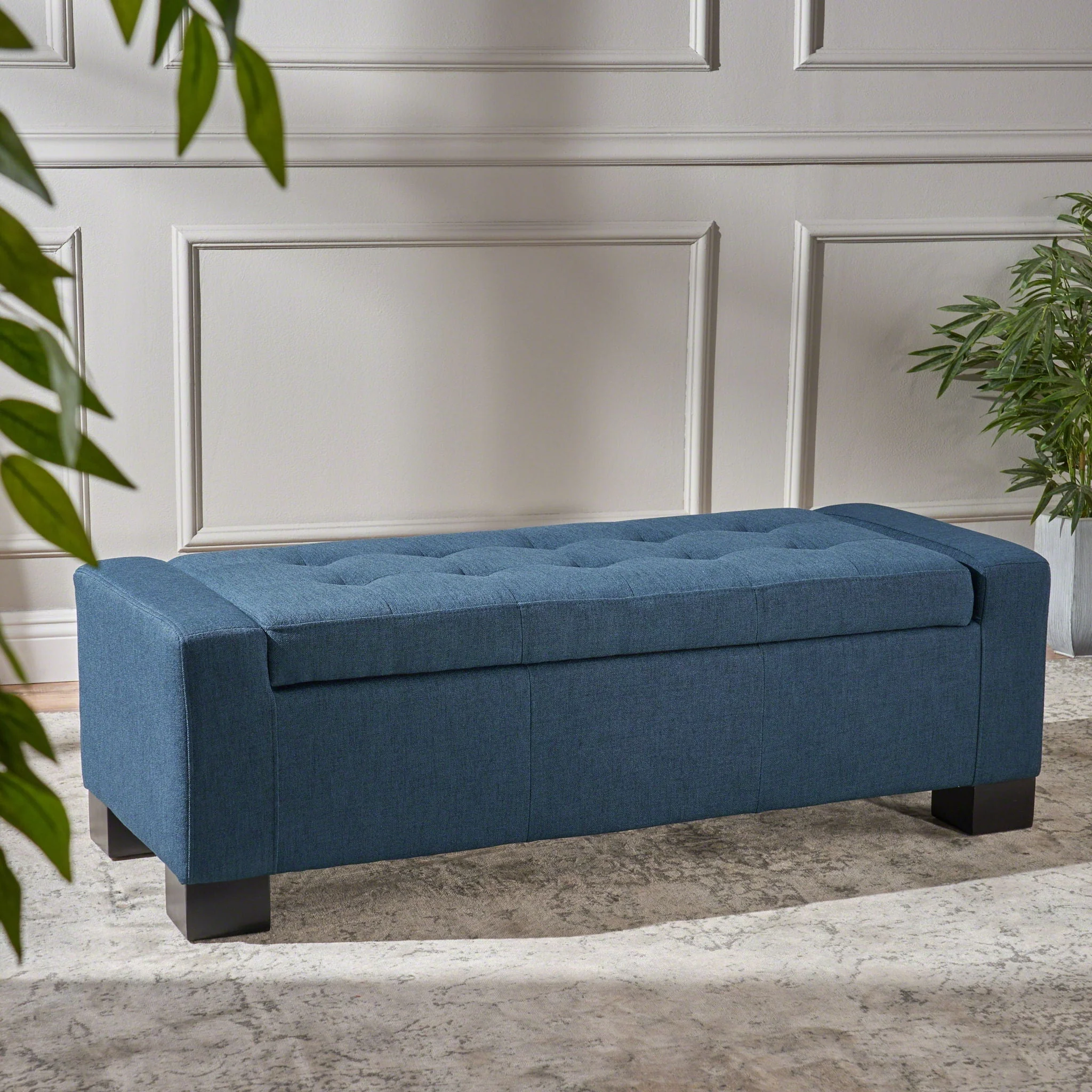 Empower Button Tufted Waffle Upholstered Storage Ottoman with Wood Legs - Navy Blue - Image 3