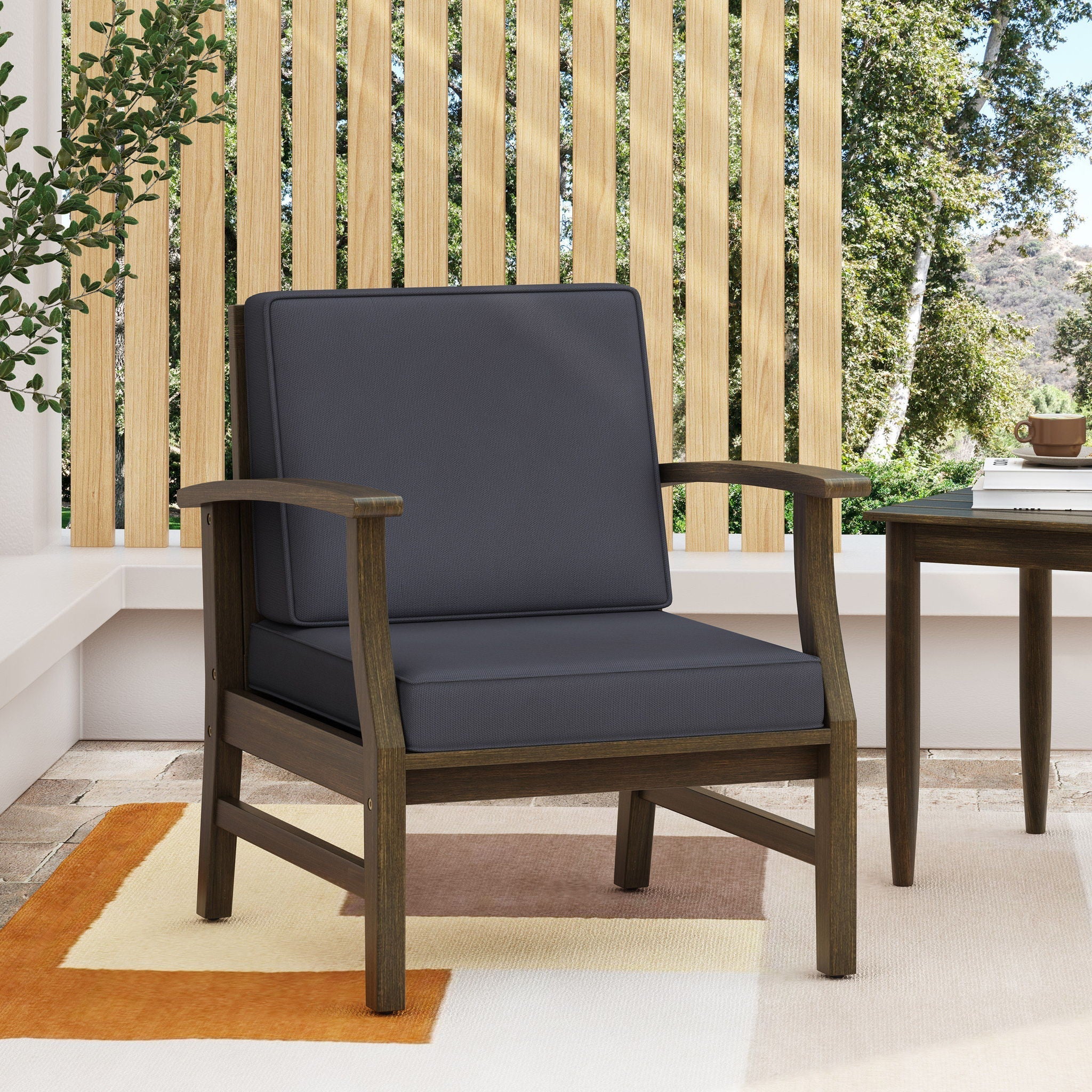 Enchanting Outdoor Club Chair With Slat Panel Design And Water Resistant Cushion - Dark Gray - Image 3