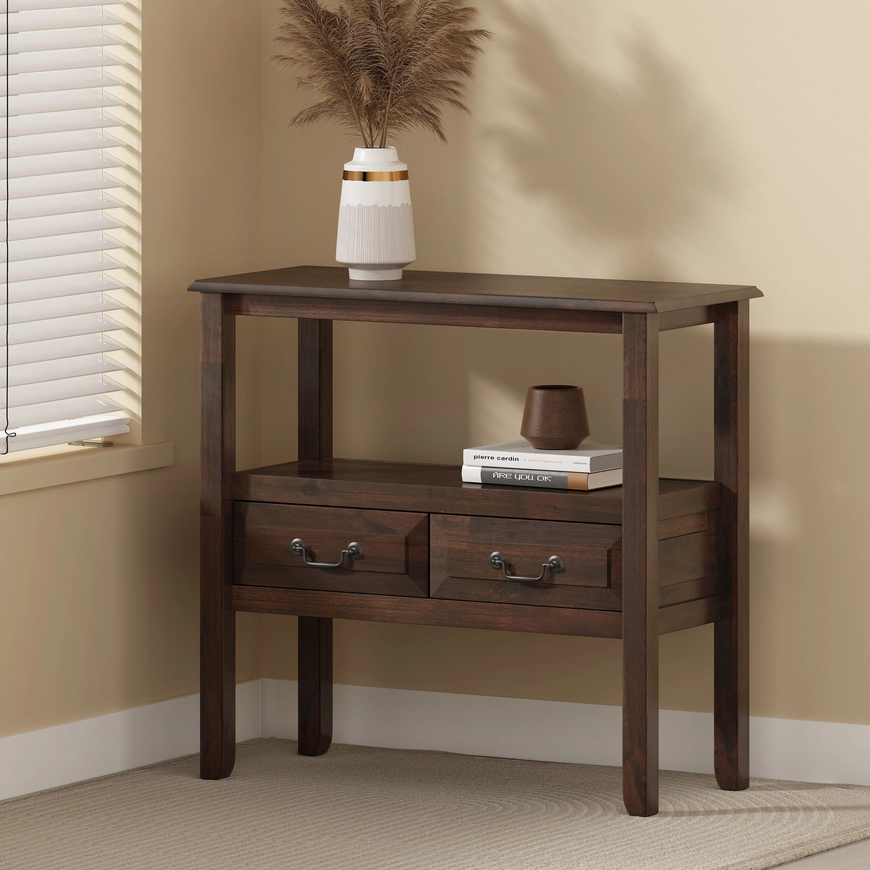 End Table in Brown Acacia Wood with Drawers - Image 3