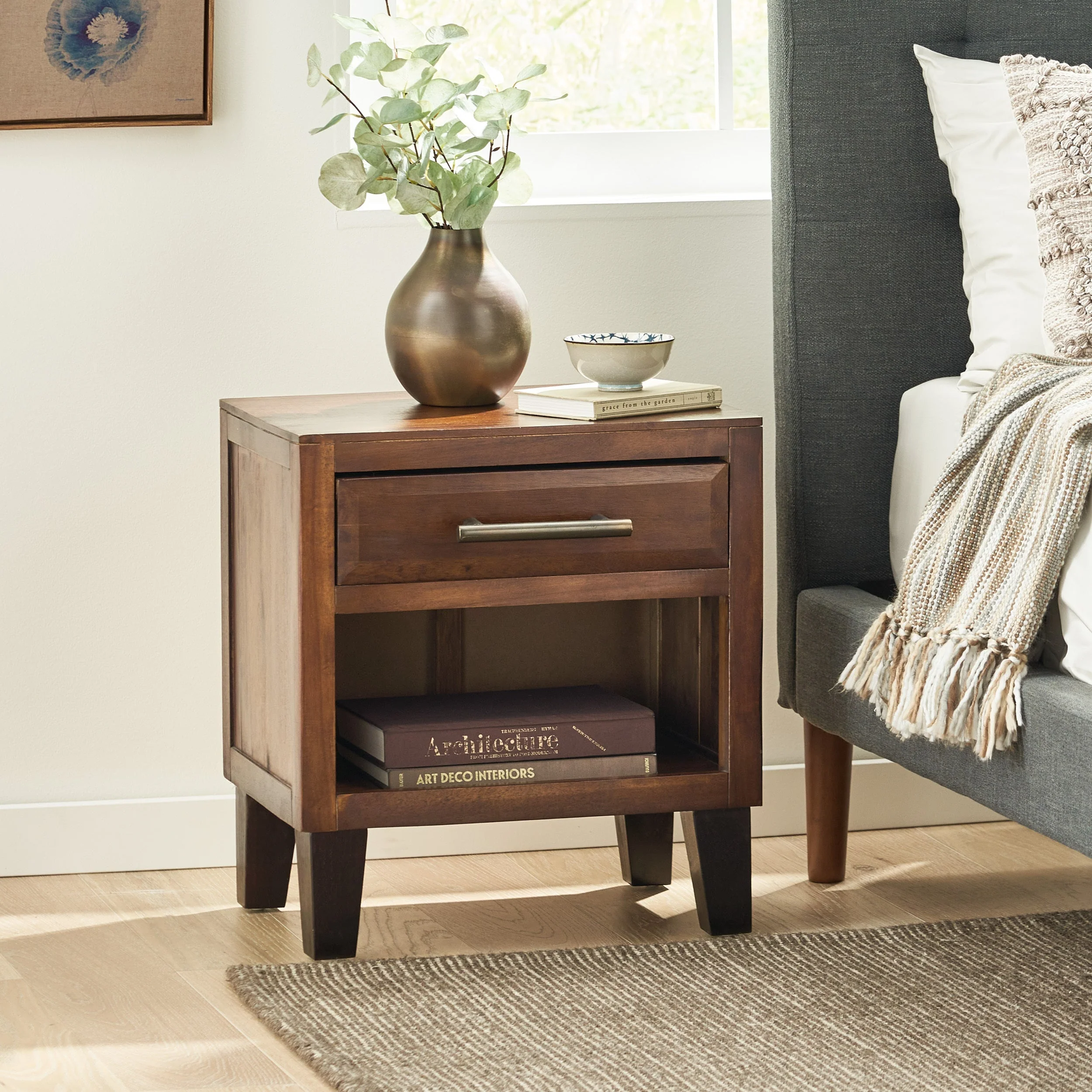 End Table in Brown Acacia Wood with Storage Drawer and Shelf - Image 2