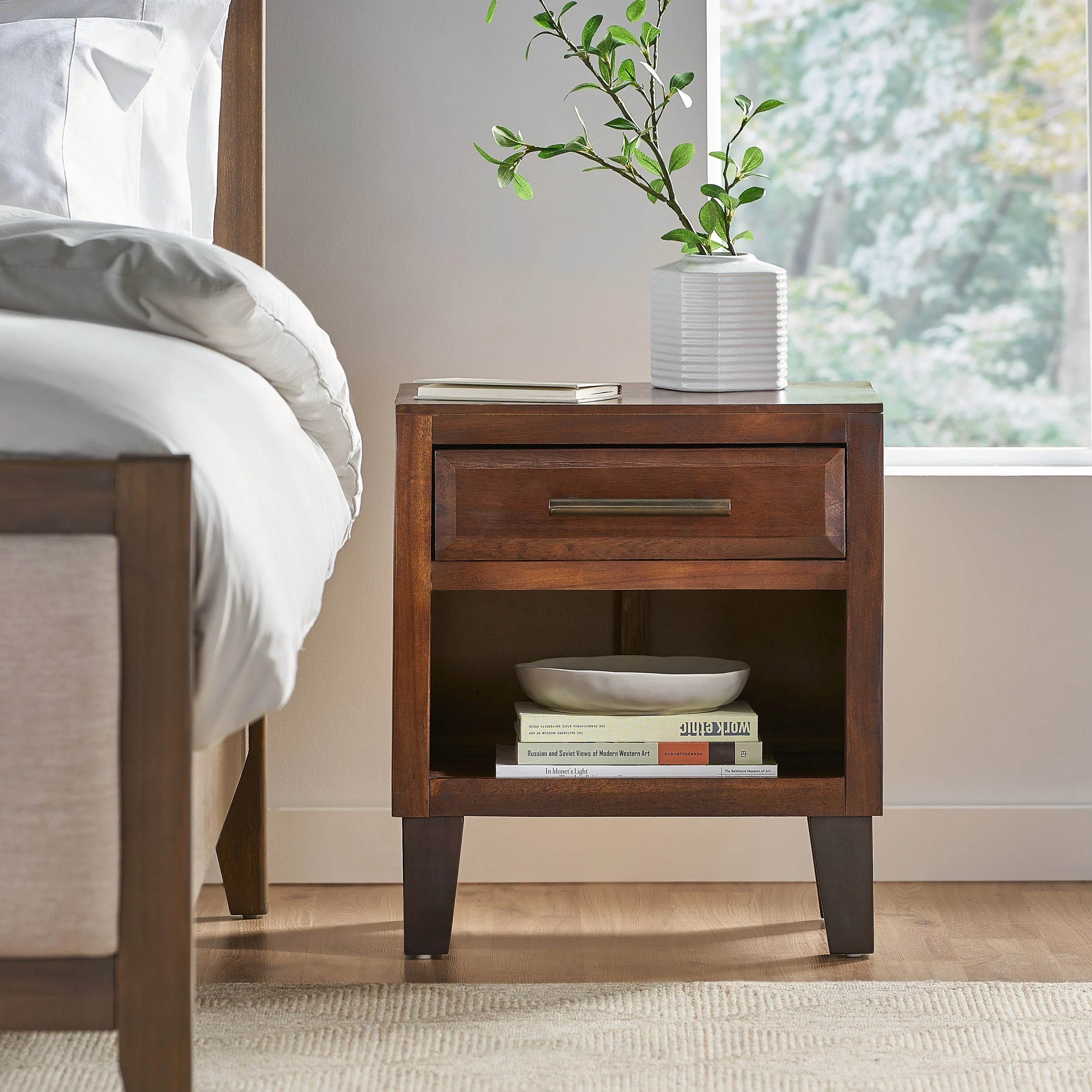 End Table in Brown Acacia Wood with Storage Drawer and Shelf - Image 3