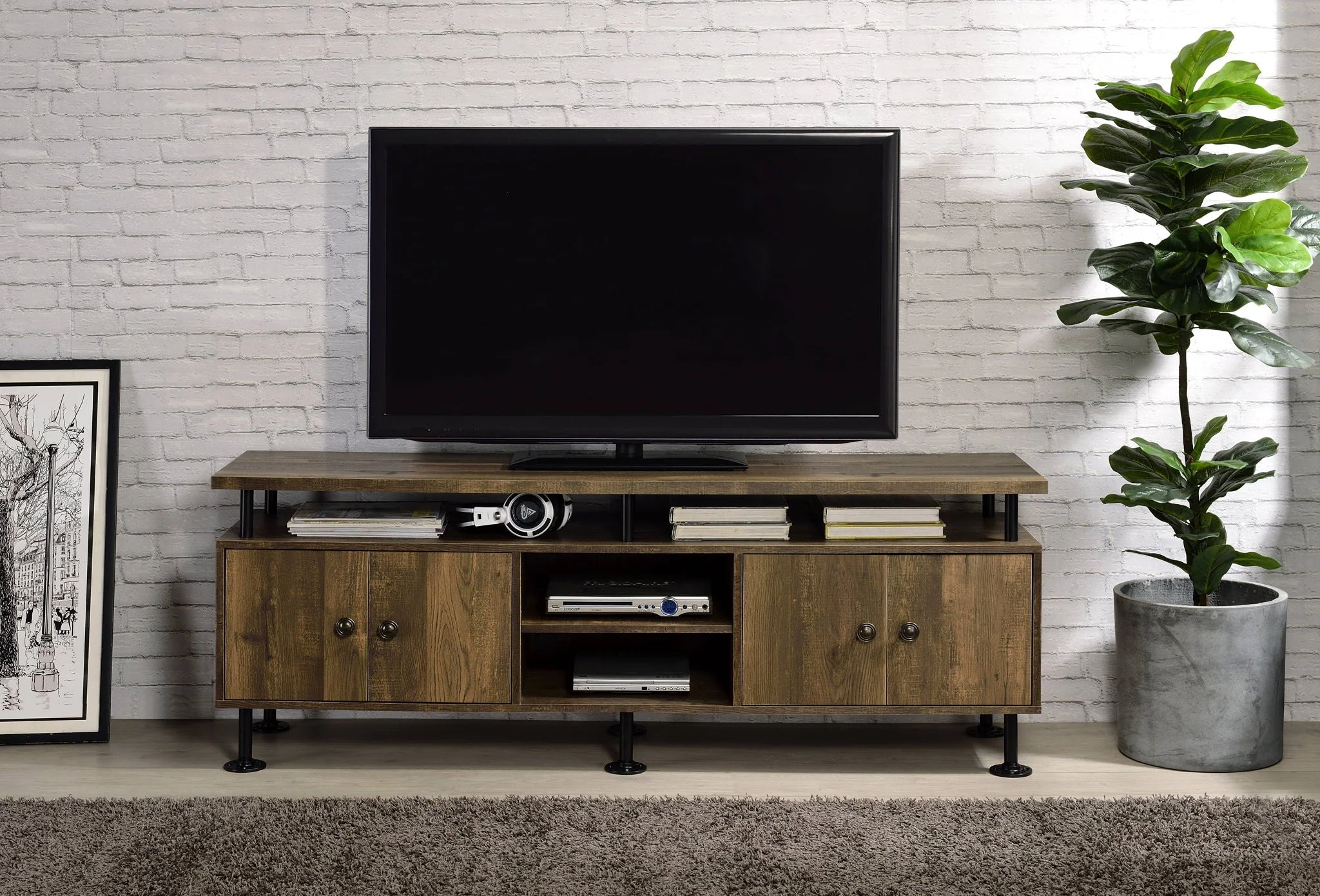 Ensata II - TV Stand - Rustic Oak / Black - Image 4