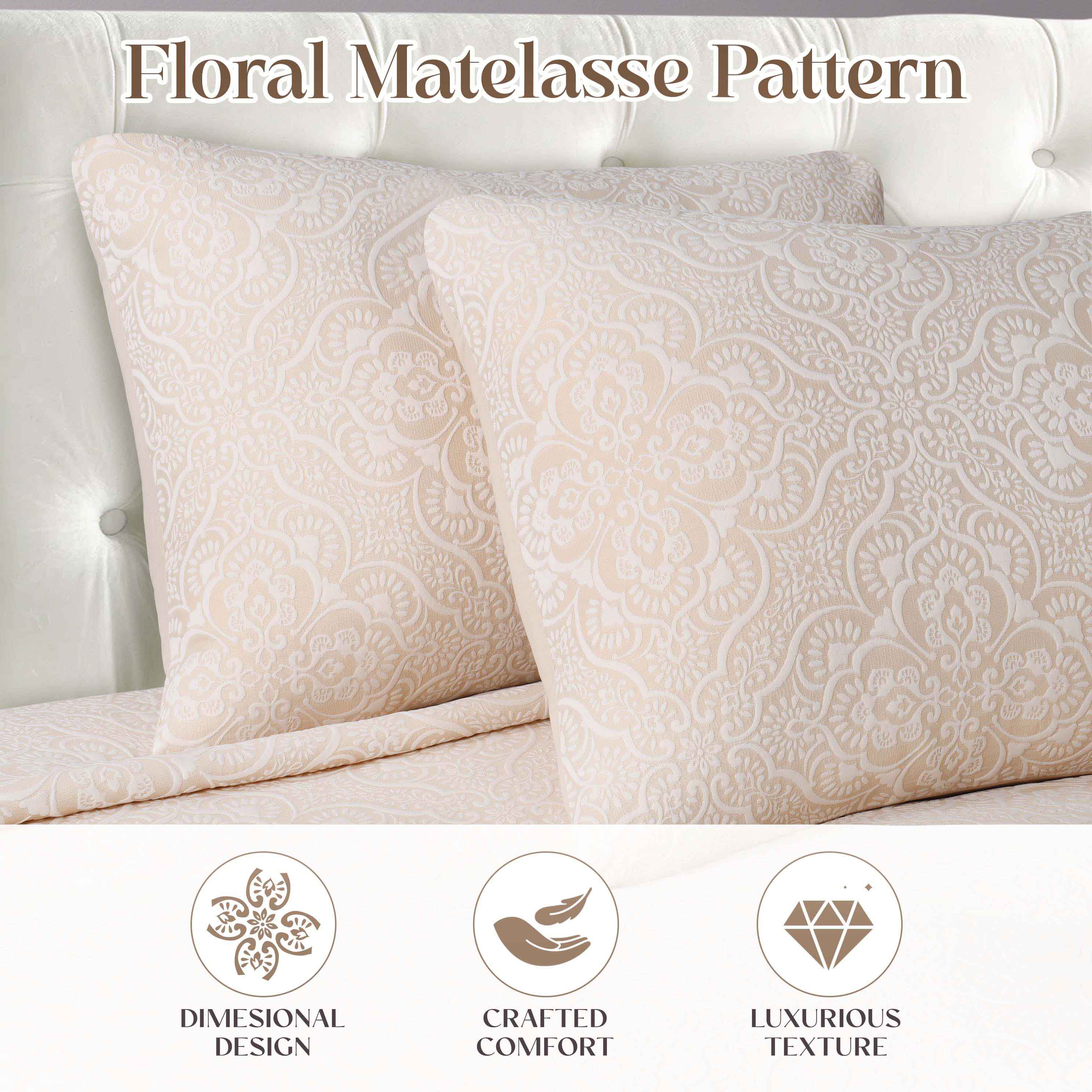 Enzy Medium Weight Floral Matelasse 3 Piece Bedspread Pillow Sham Set - Image 17