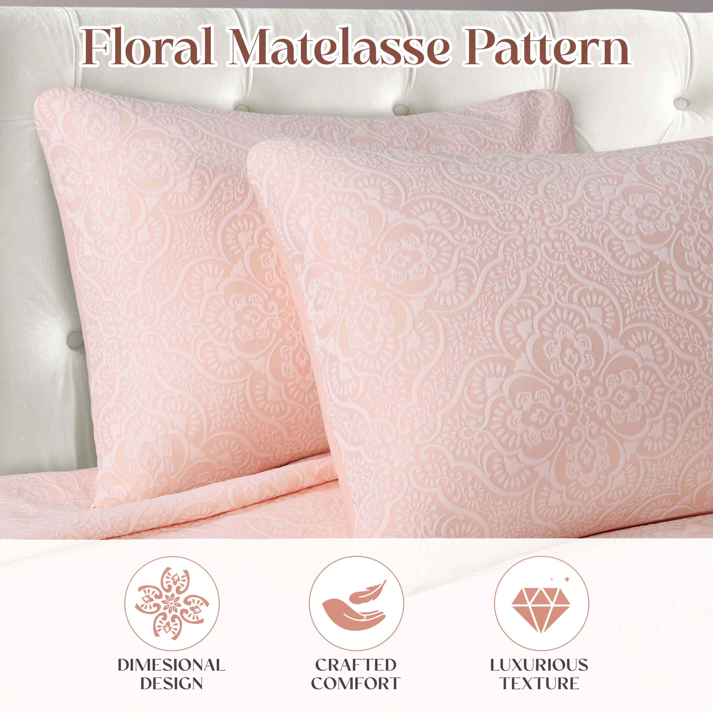 Enzy Medium Weight Floral Matelasse 3 Piece Bedspread Pillow Sham Set - Image 25
