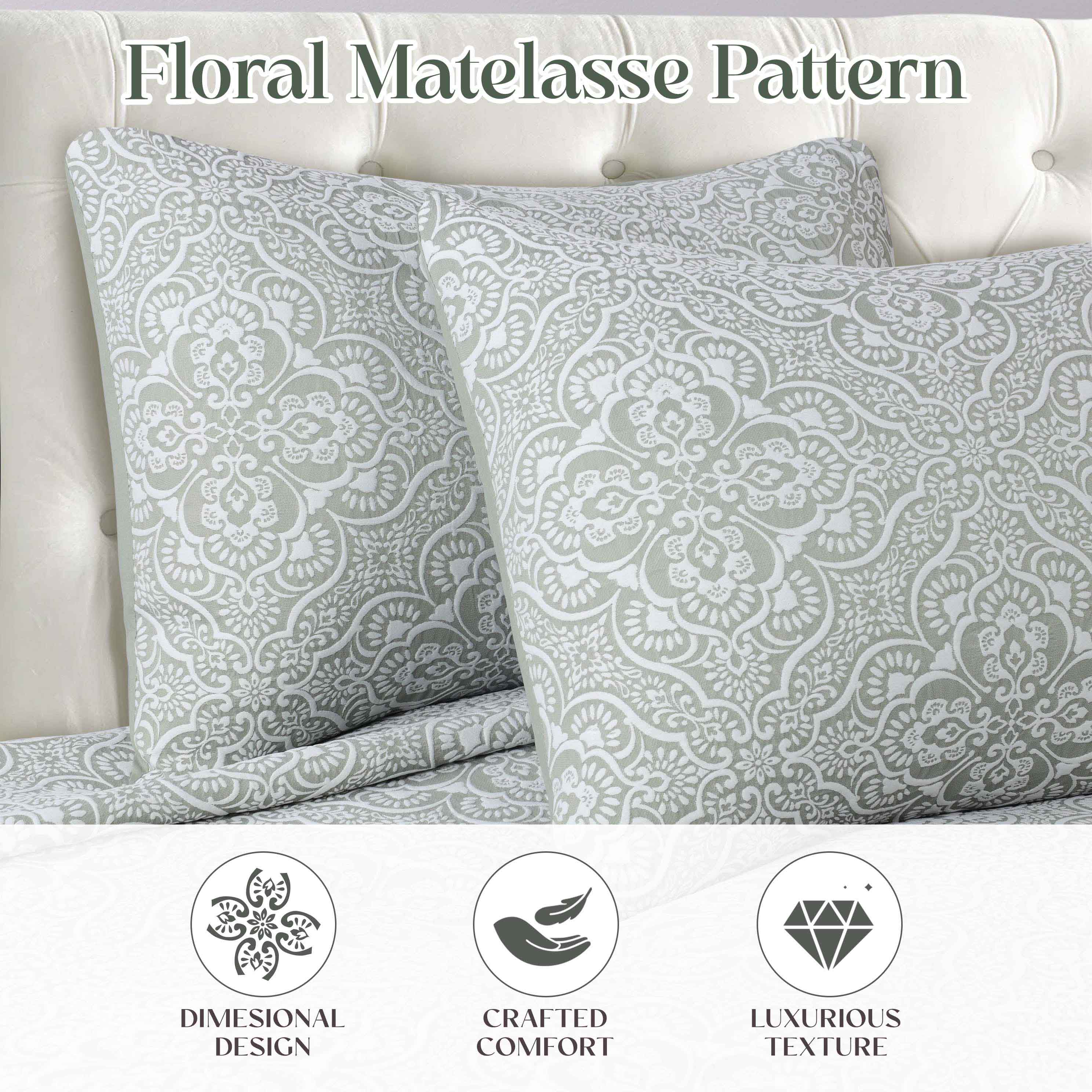 Enzy Medium Weight Floral Matelasse 3 Piece Bedspread Pillow Sham Set - Image 33