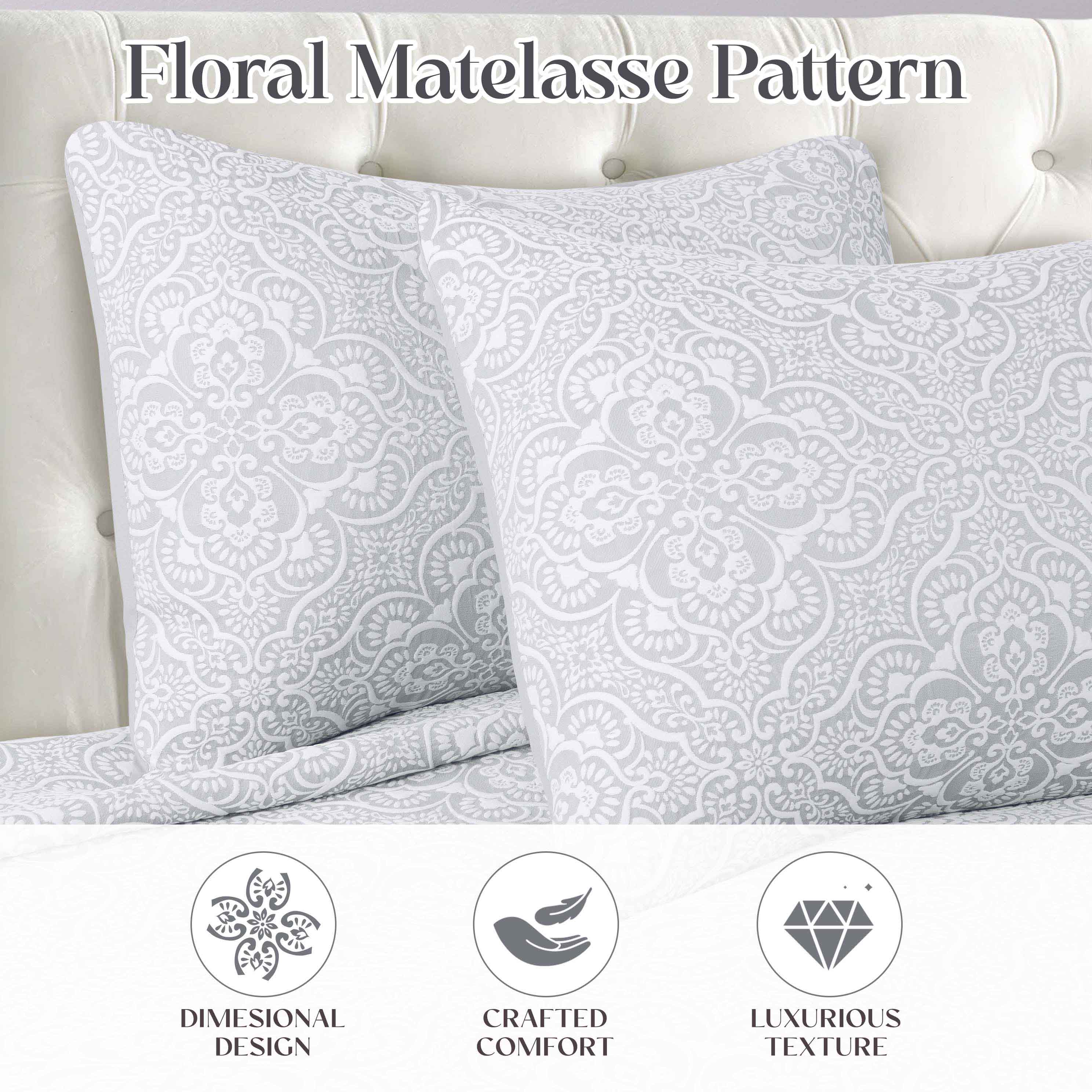 Enzy Medium Weight Floral Matelasse 3 Piece Bedspread Pillow Sham Set - Image 41