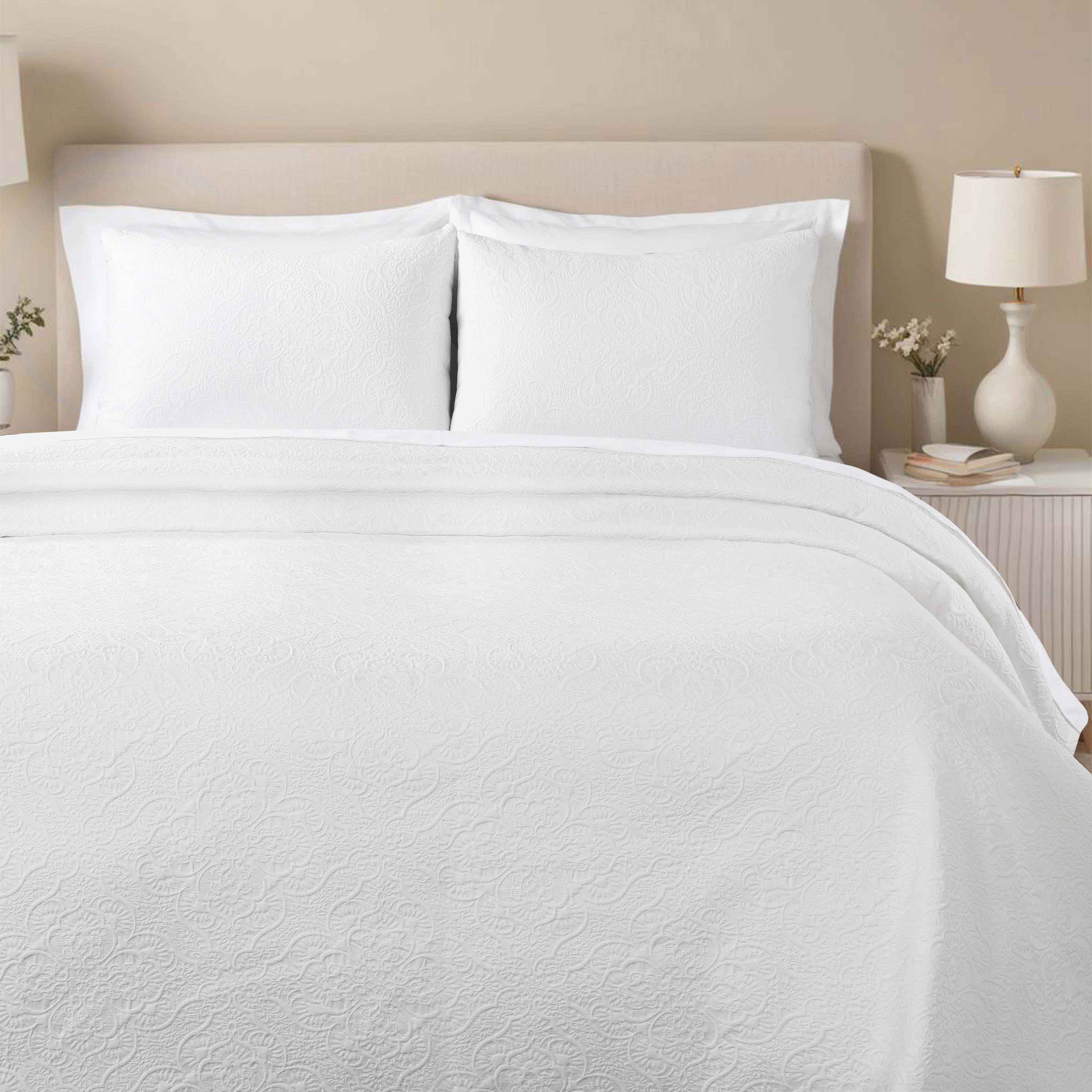 Enzy Medium Weight Floral Matelasse 3 Piece Bedspread Pillow Sham Set - Image 45