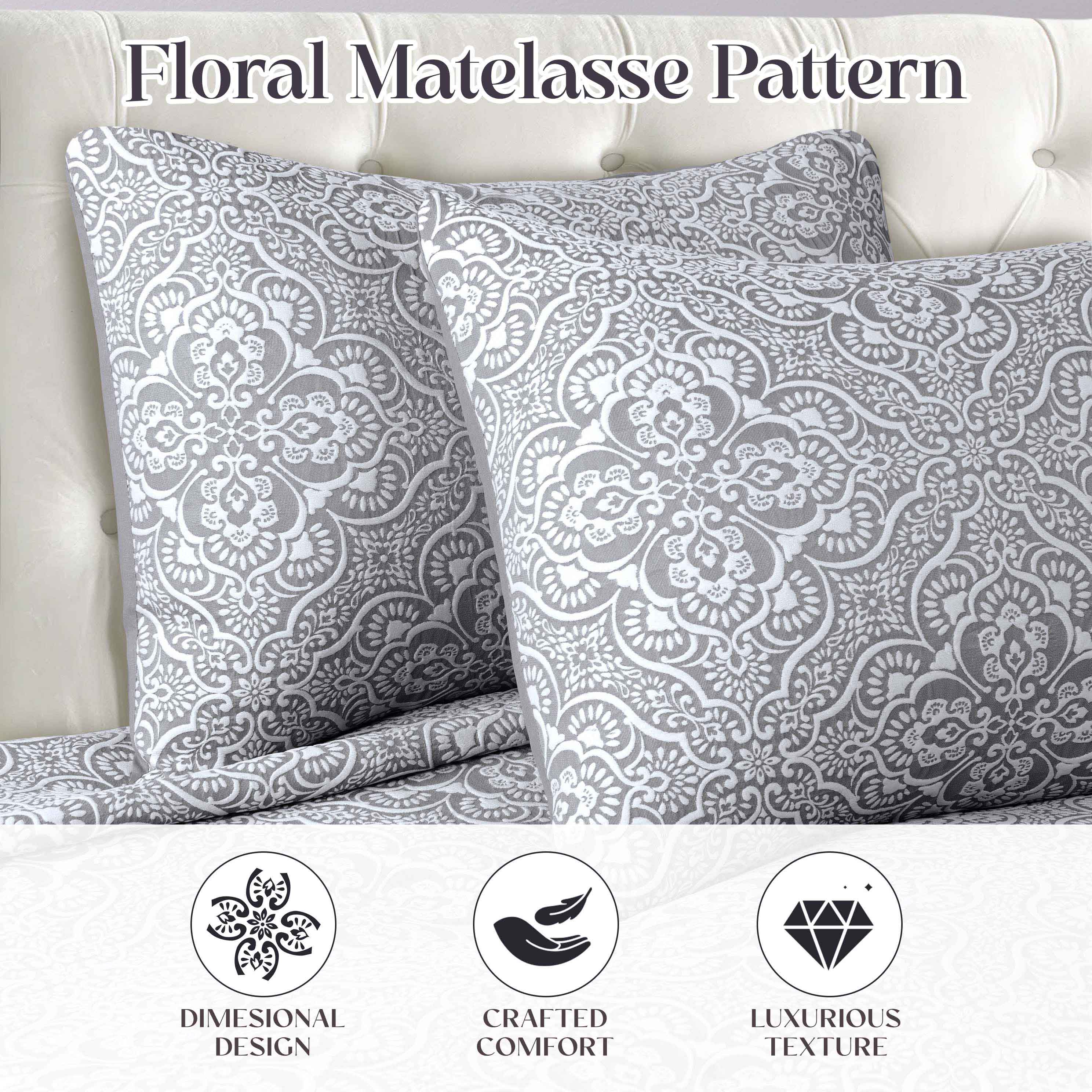 Enzy Medium Weight Floral Matelasse 3 Piece Bedspread Pillow Sham Set - Image 9