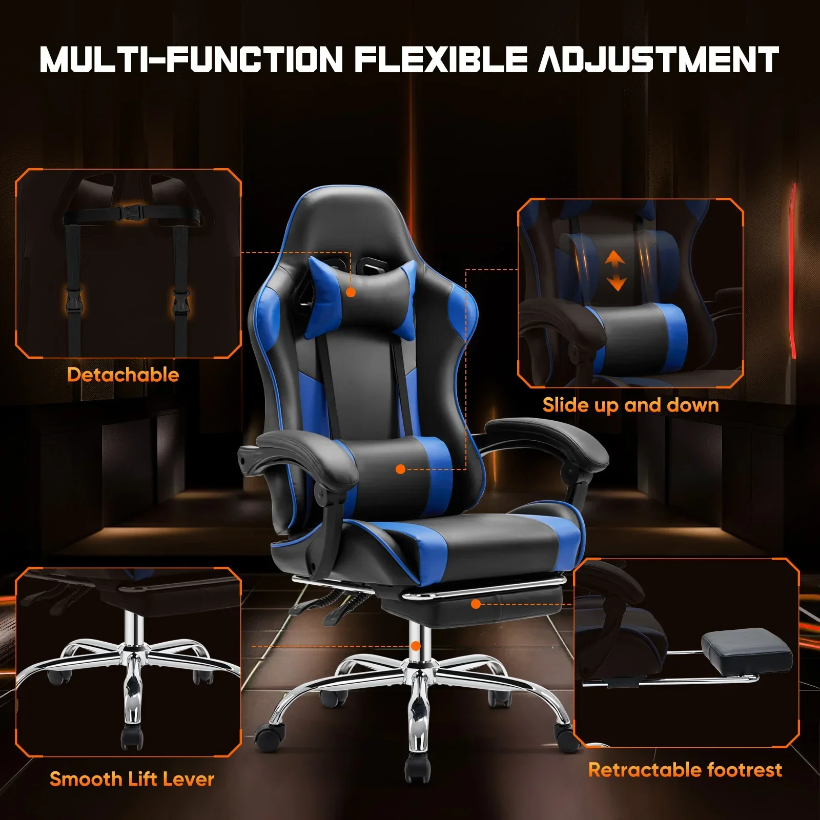 Ergonomic Gaming Chair Adjustable Swivel PU Leather Office Chair Lumbar Headrest - Image 4