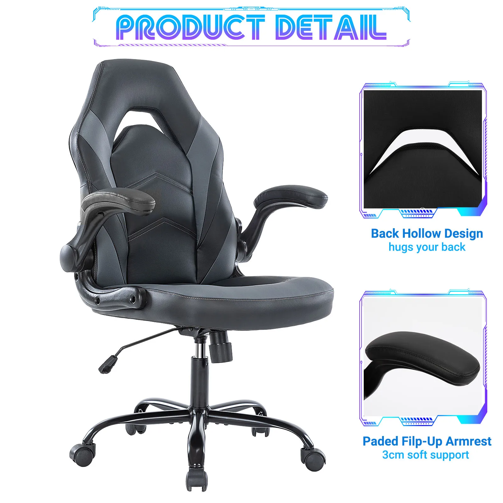Ergonomic PU Leather Gaming Chair Adjustable Office Desk Chair Flip-Up Armrests - Image 4