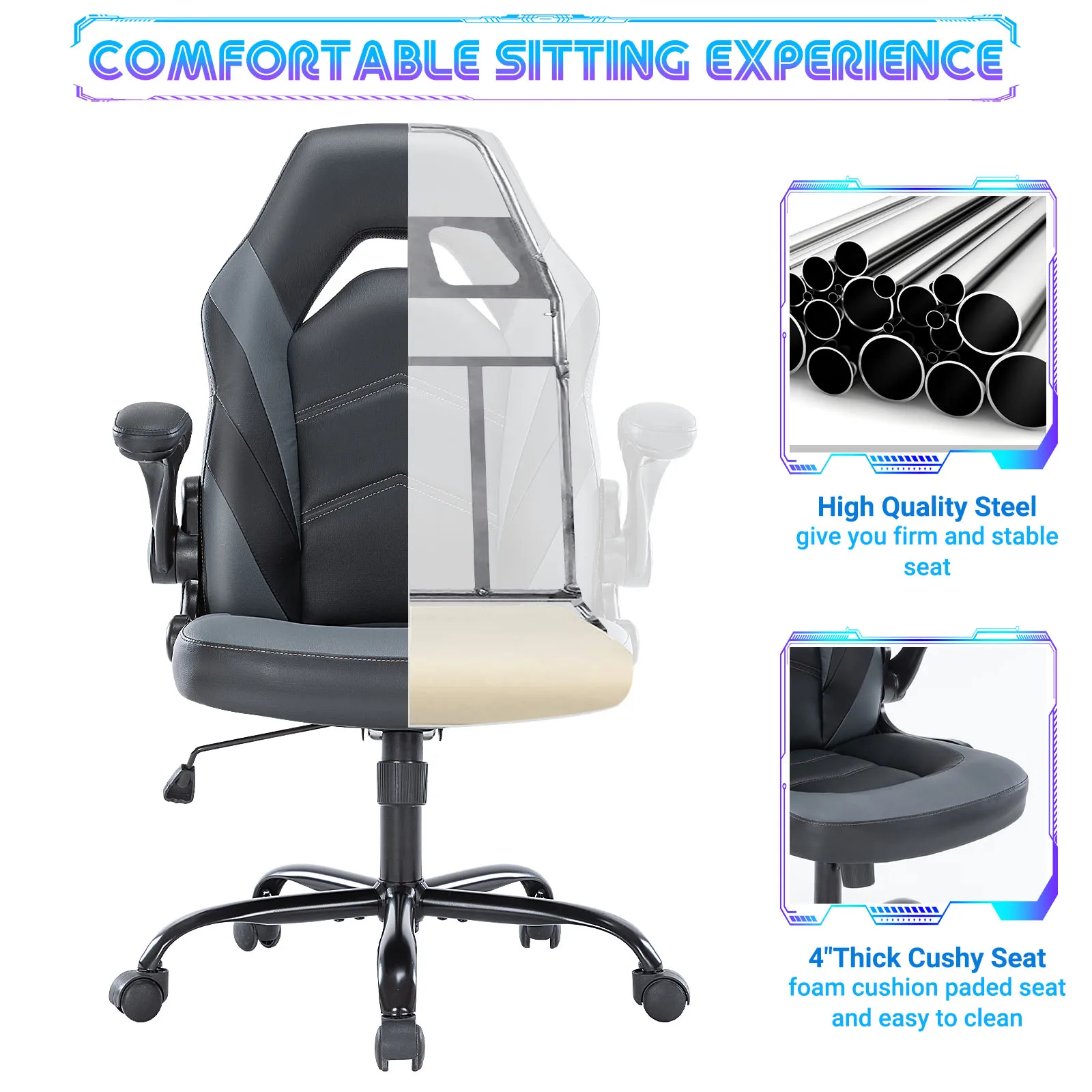 Ergonomic PU Leather Gaming Chair Adjustable Office Desk Chair Flip-Up Armrests - Image 5