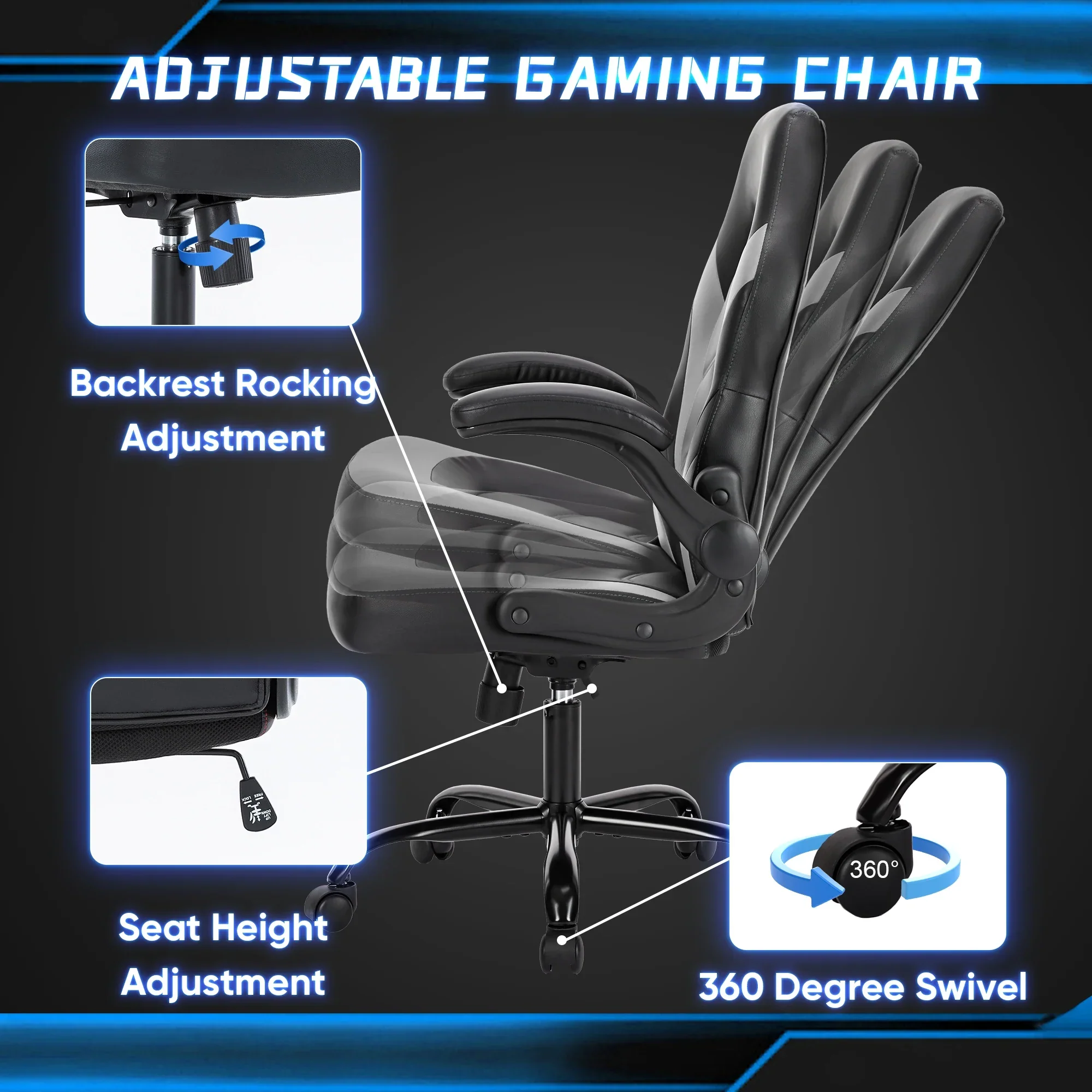 Ergonomic PU Leather Gaming Chair Adjustable Office Desk Chair Flip-Up Armrests - Image 6