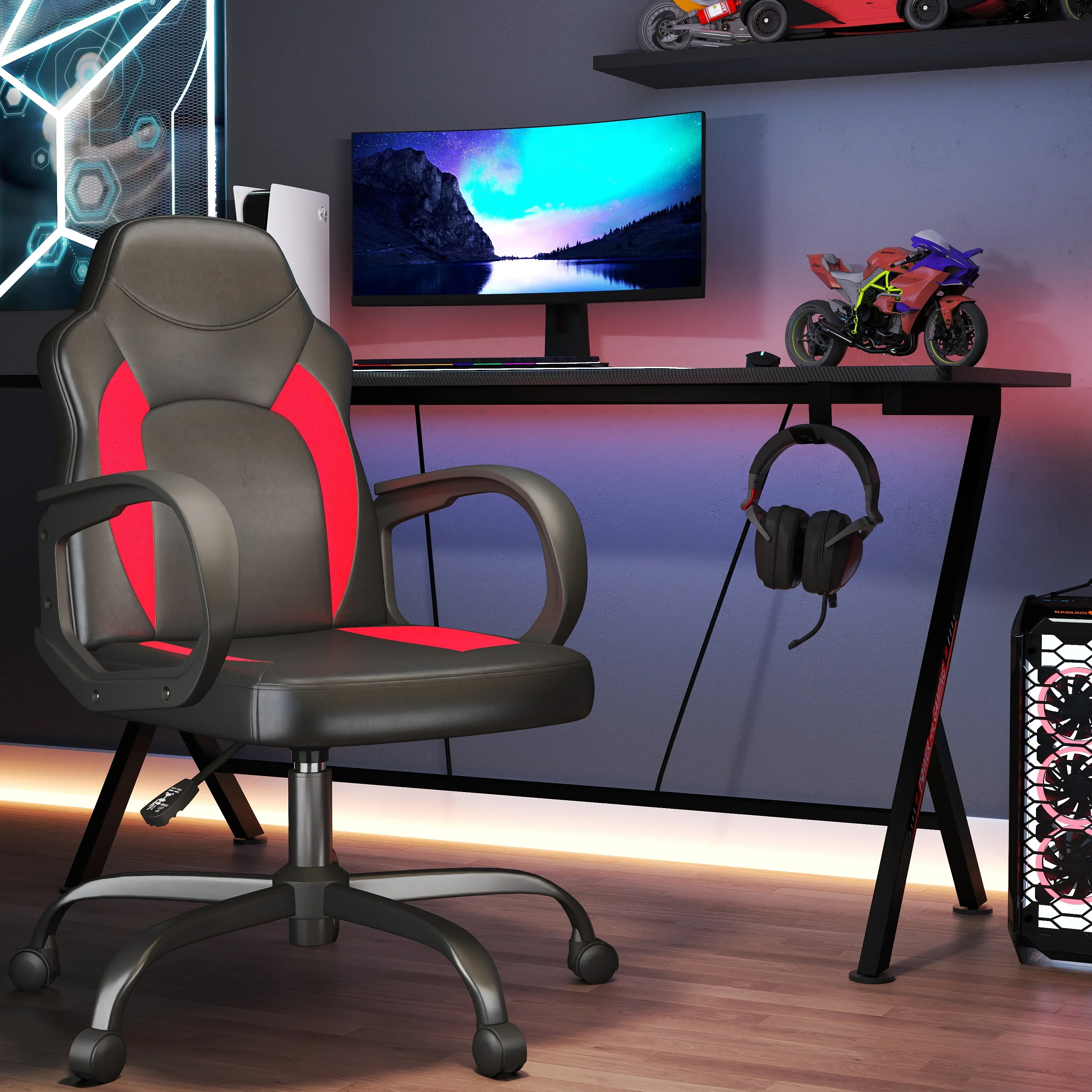 Ergonomic PU Leather Gaming Chair Swivel Adjustable Office Desk Chair Red - Image 2