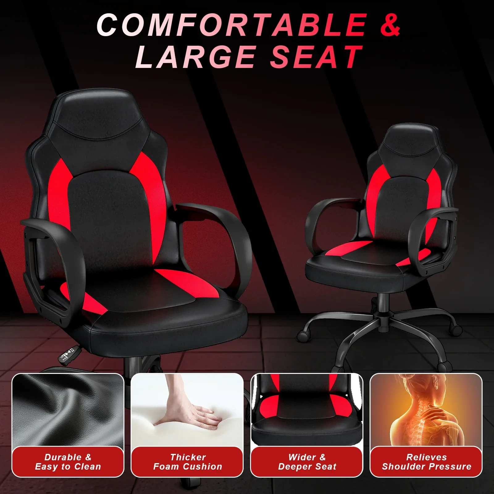 Ergonomic PU Leather Gaming Chair Swivel Adjustable Office Desk Chair Red - Image 4